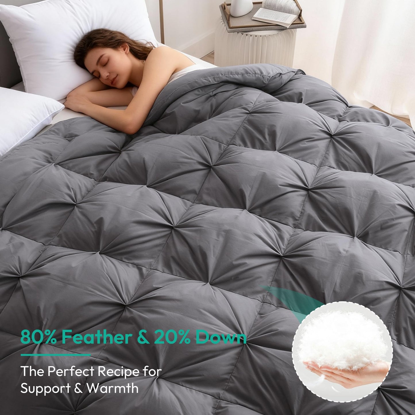 Three Geese Pinch Pleat Waterfowl Feathers and Down Comforter Twin Size Duvet Insert,750+ Fill Power,1200TC 100% Cotton, Premium All Seasons Gray Warm Hotel Comforter with 8 Tabs.