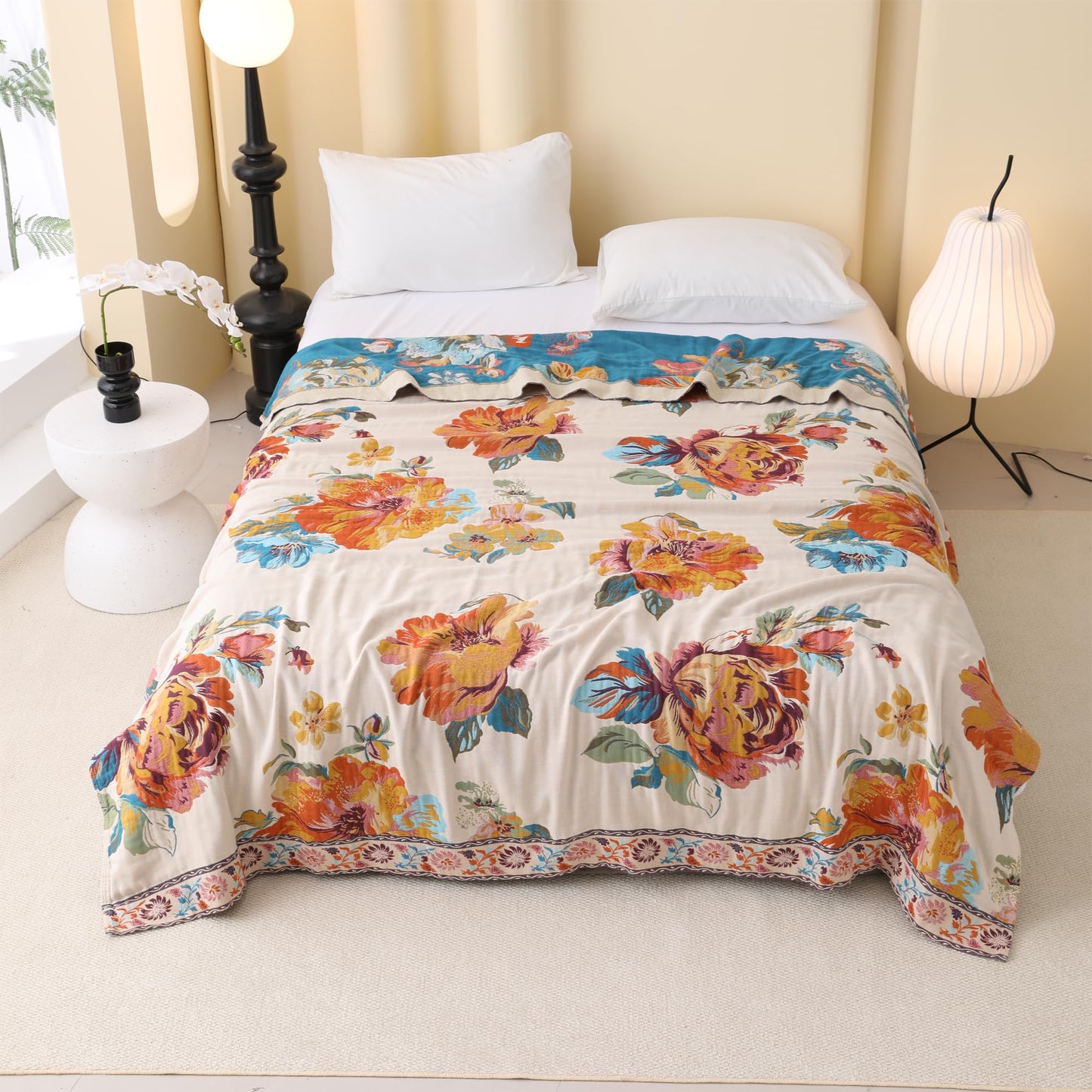 BRYALIX 100% Cotton Muslin Throw Blanket, Orange Floral Pattern, Lightweight Quilt, Boho Farmhouse Decorative Fringed Reversible Jacquard Throw for Home, Picnic, Travel, 60"x80"