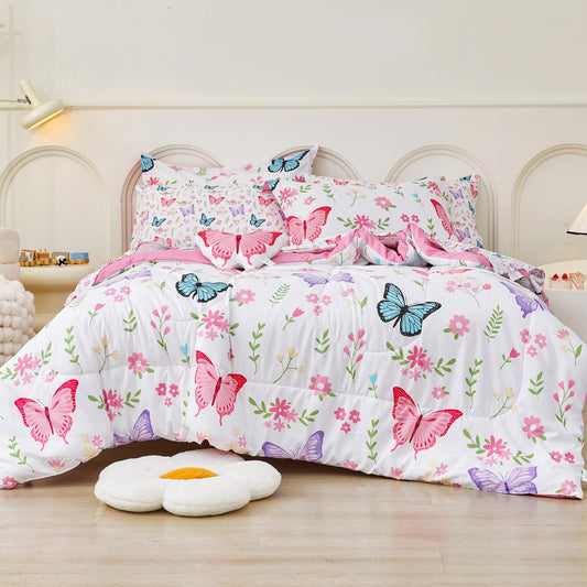 Mooreeke Twin Size Comforter Sets for Girls Kids, 6 Pieces Bed in a Bag Flower Butterfly Bedding Comforter Sheet Set with Shams and Decorative Toy Pillow, Ultral Soft Microfiber Kids Bed Set