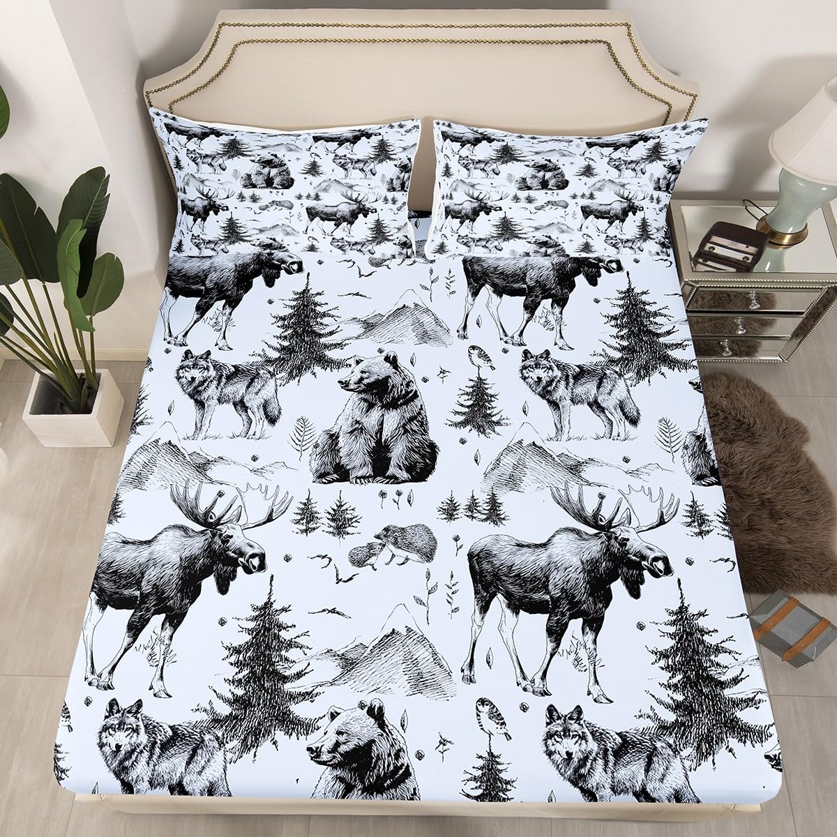 Bear Bed Sheets for Rustic Cabin,Grey Deer Moose Wolf Mountain Sheet Set Full,Farmhouse Pine Tree Woodland Bedding Set Bedroom Decor,Retro Hunting Wild Animal Fitted Sheet + Flat Sheet + 2 Pillowcases