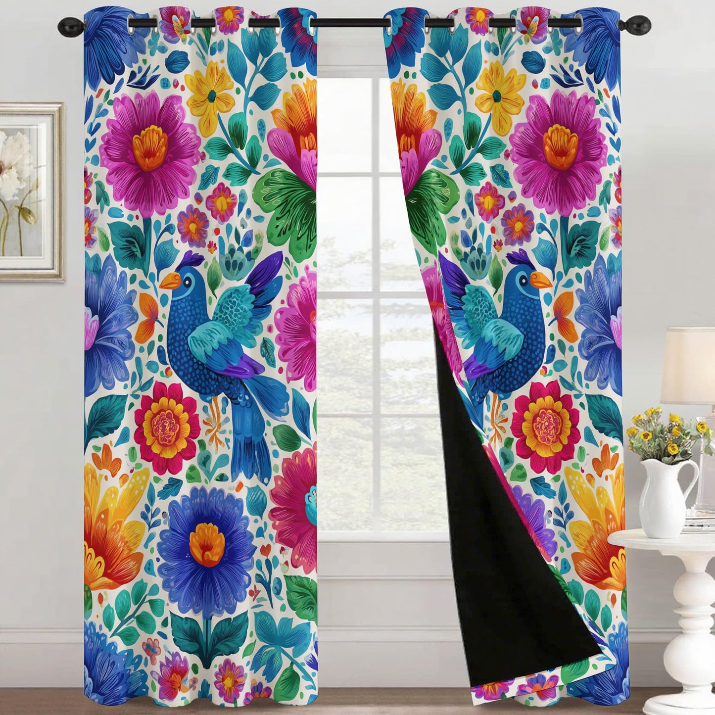 Mexican Floral Bird Bedroom Curtains 39 Inch - Colourful Folk Flower Printed Living Room Curtains, Mexican Floral Bird Home Decor Blackout Window Drapes with Grommet, 2 Panels Set - HL2547