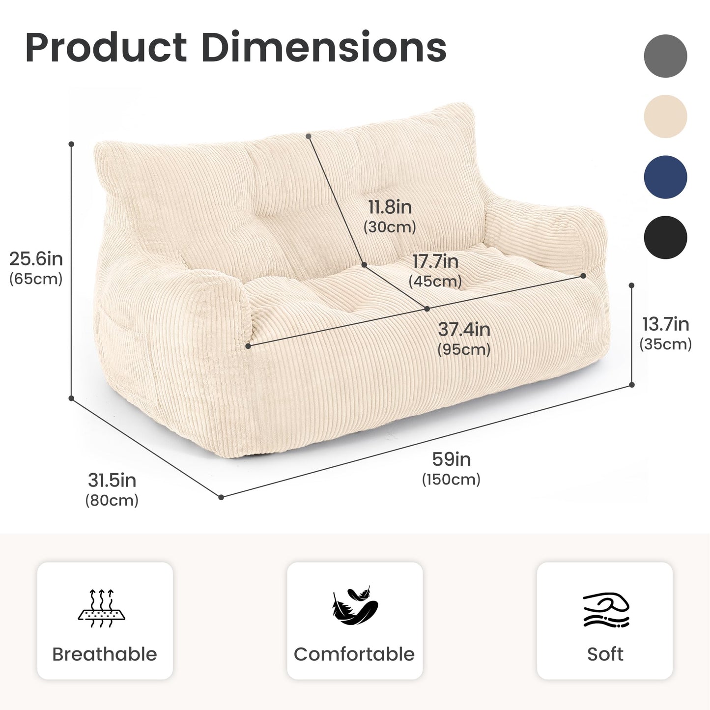 Fkhouse 59" Bean Bag Chair,2 Seat Loveseat Sofa,Corduroy Lazy Sofa Bed for Adults,Fit Living Room, Bedroom,Outdoor Spaces,Ultra Soft Dutch Velvet,Fluffy Comfort Cover,White