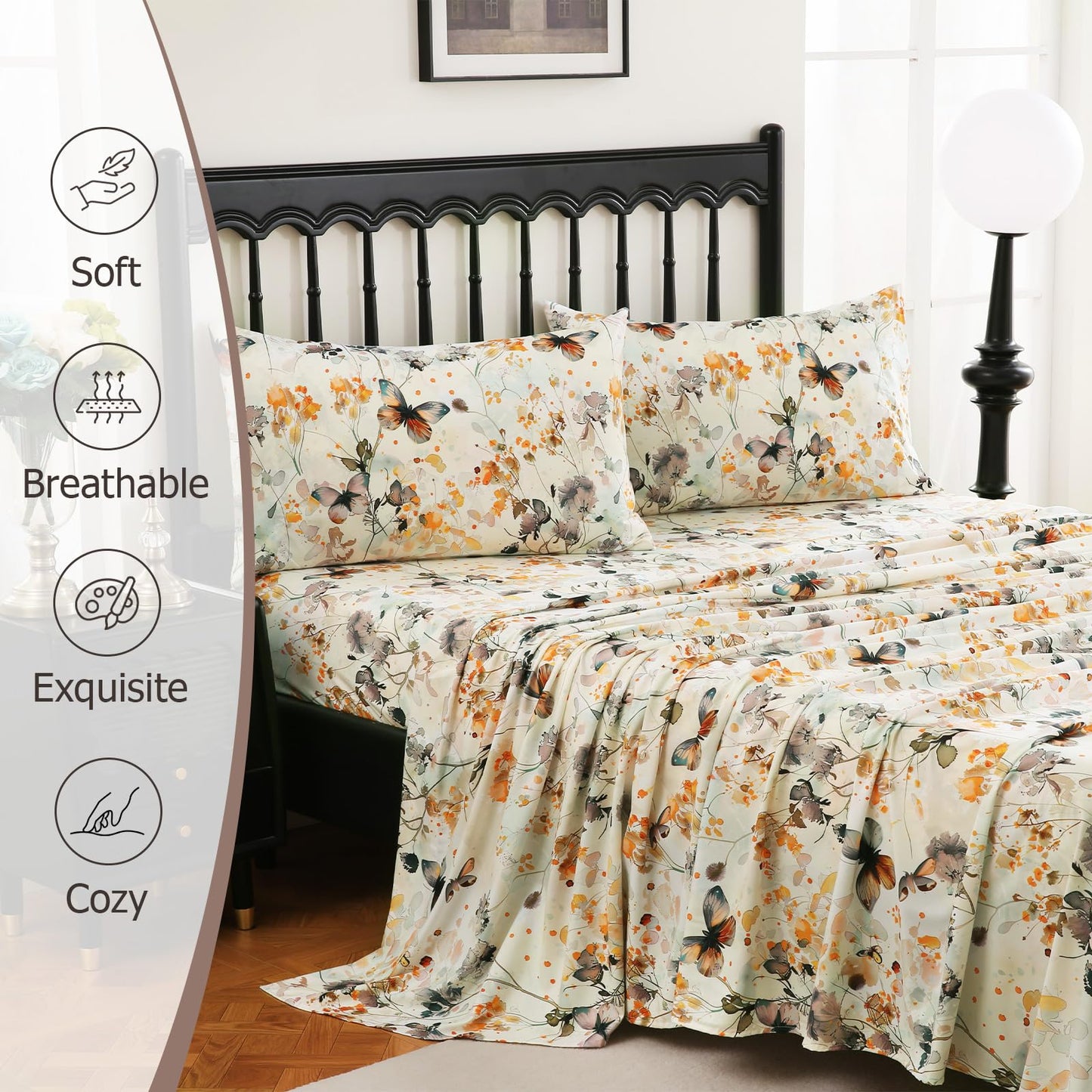 CozySmile Floral Printed Sheet Set King Size 4 Piece,Soft & Breathable Deep Pocket 16" Cooling Wrinkle Free Comforter Bed Set Botanical Pattern Sheets (King, Butterflies Dancing)