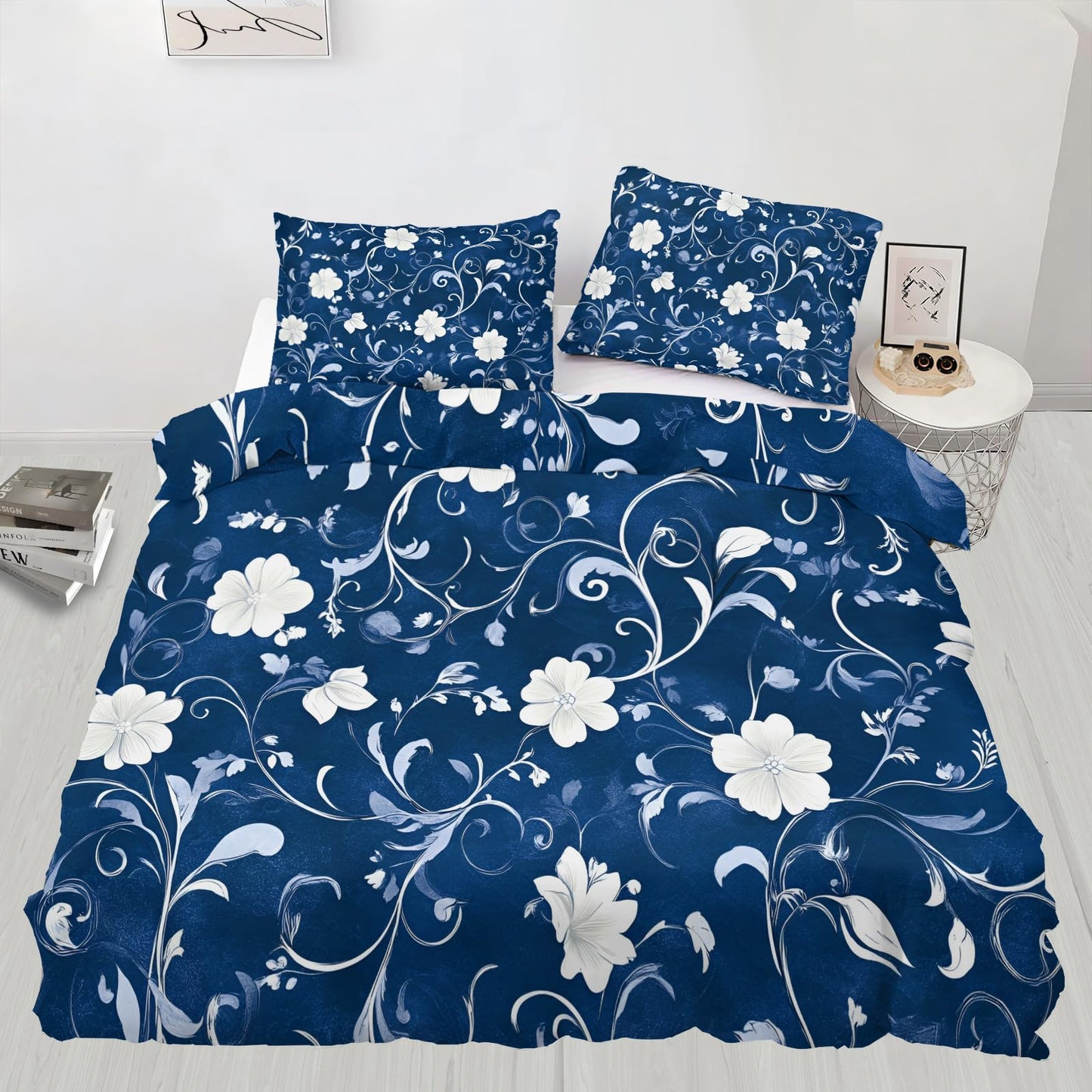 ZAMODE Floral Duvet Cover Oversized King Size, Navy Blue Comforter Cover 120" x 98", Boho Flower Bedding Set with 2 Pillowcases