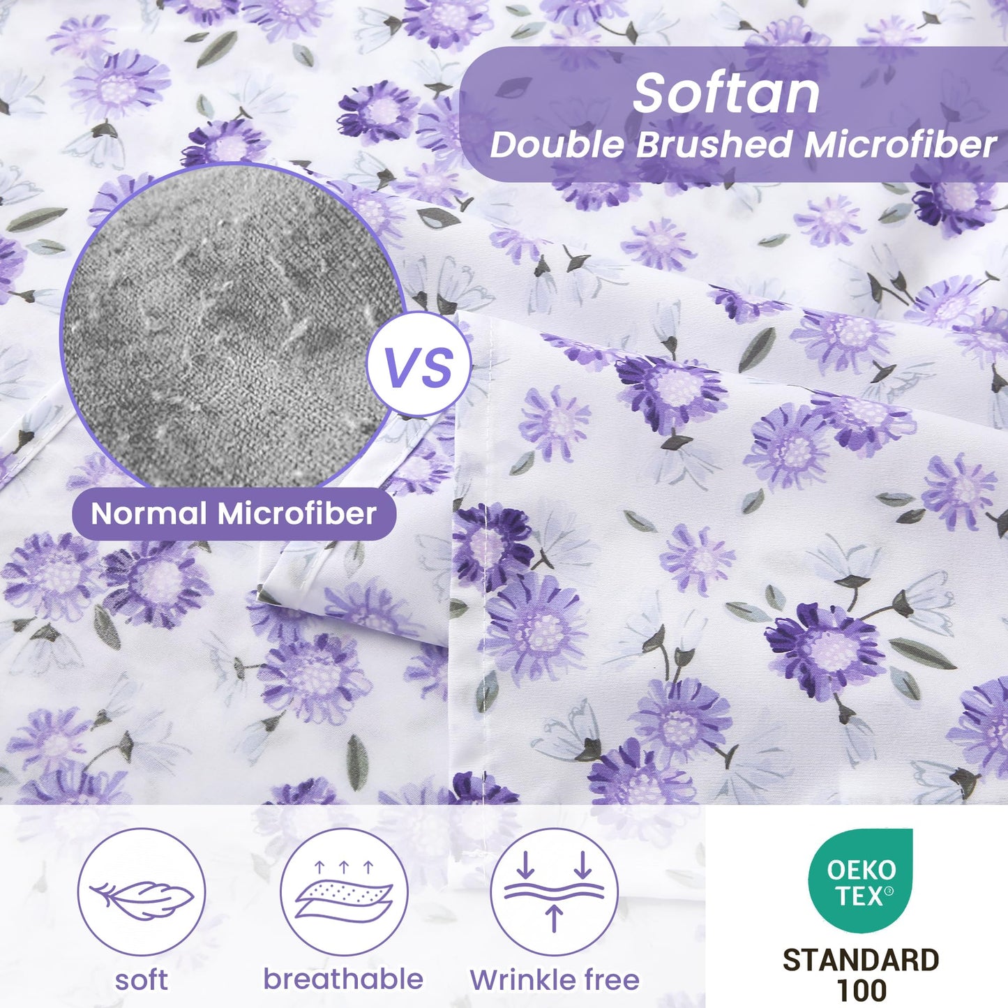 Softan Puple Floral Full Sheet Set, 4-Piece Microfiber Printed Fitted Sheet with 15" Deep Pockets & Non-Slip Straps, White Flower Patterned Double Bedding Sheets & Pillowcase Set