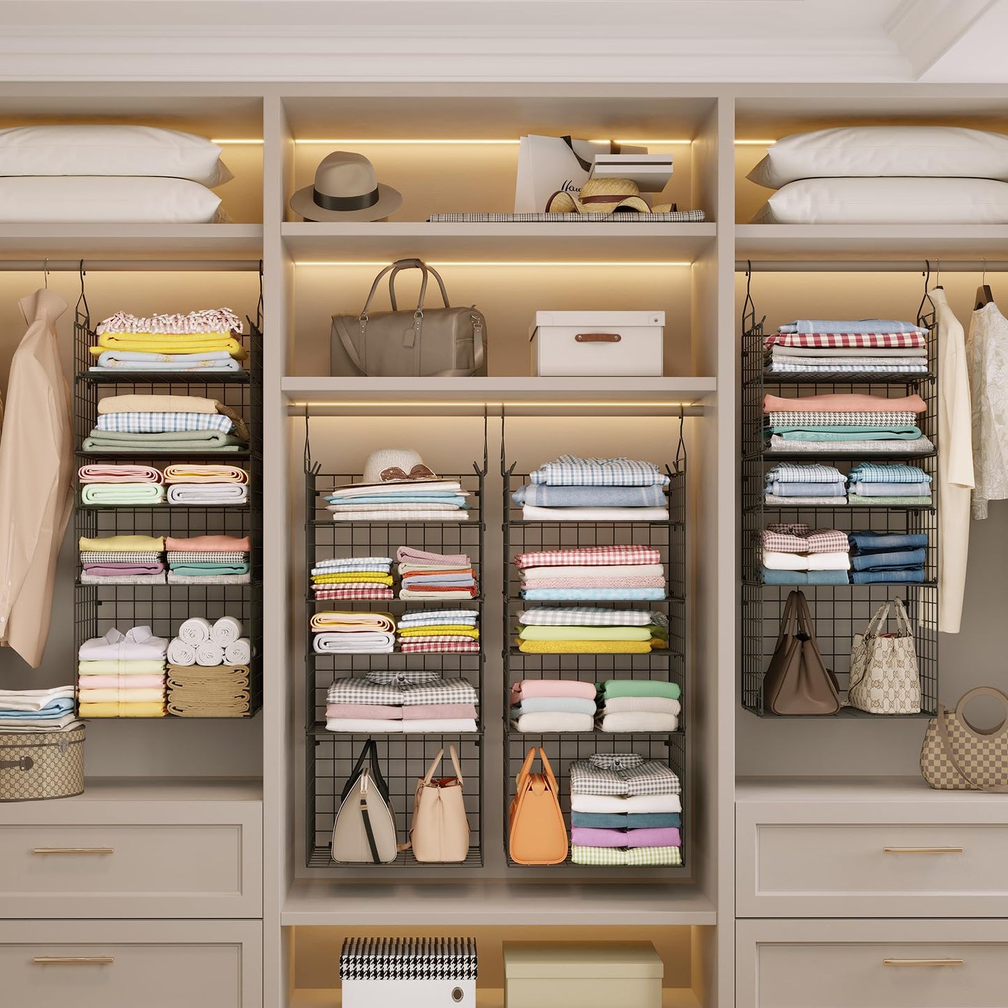 X-cosrack Closet Hanging Organizer Shelves - 5 Tier Wardrobe Organizers and Storage Bin, Hanging Organizer Shelves, Clothes Shelf with Adjustable Dividers for Bedroom Closet Sweater Shoes Handbag
