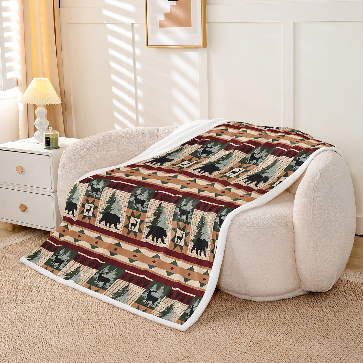 Erosebridal Farmhouse Fleece Blanket Grizzly Bear Deer Sherpa Blanket 90"x90", Vintage Country Woodland Animals Rustic Reindeer Pine Trees Fuzzy Plush Throw