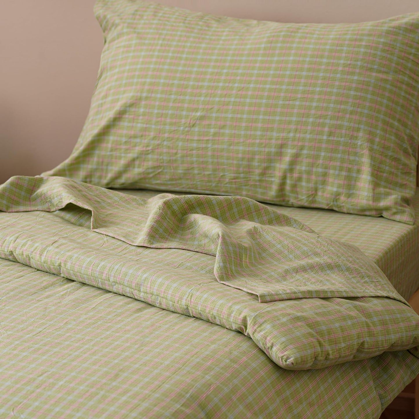 KAREVER Cotton Toddler Bedding Set Light Green Checkered 4 Pieces Grid Crib Bed Set Kids Washed Cotton Pliad Comforter Set