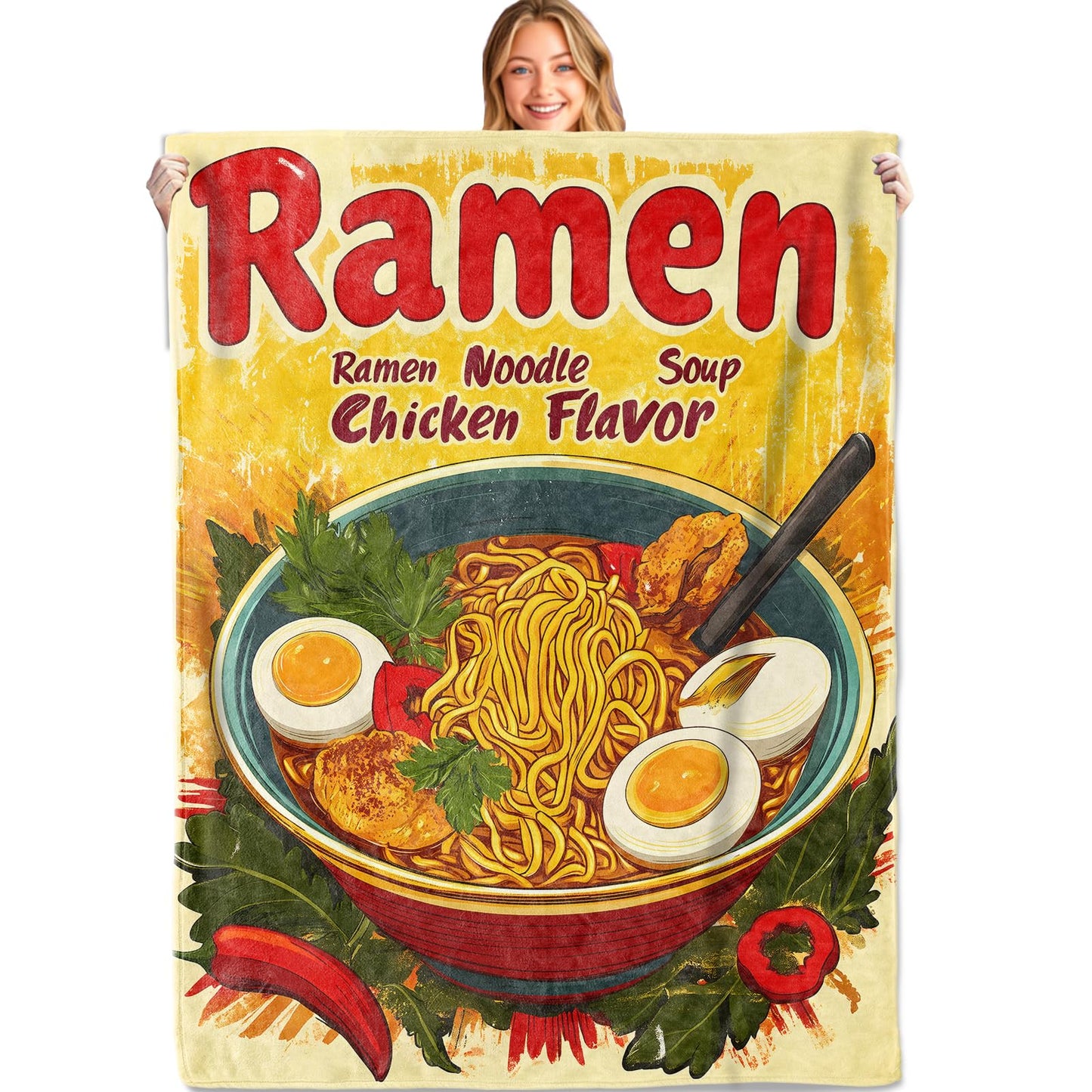 MIEPOS Retro Ramen Chicken Noodle Soup Throw Blanket,50x60in,Soft,Lightweight Flannel,Nostalgic Japanese Food Blankets - Gifts for Kids Women Girls,for Couch Office Travel,Home Living Room Decor