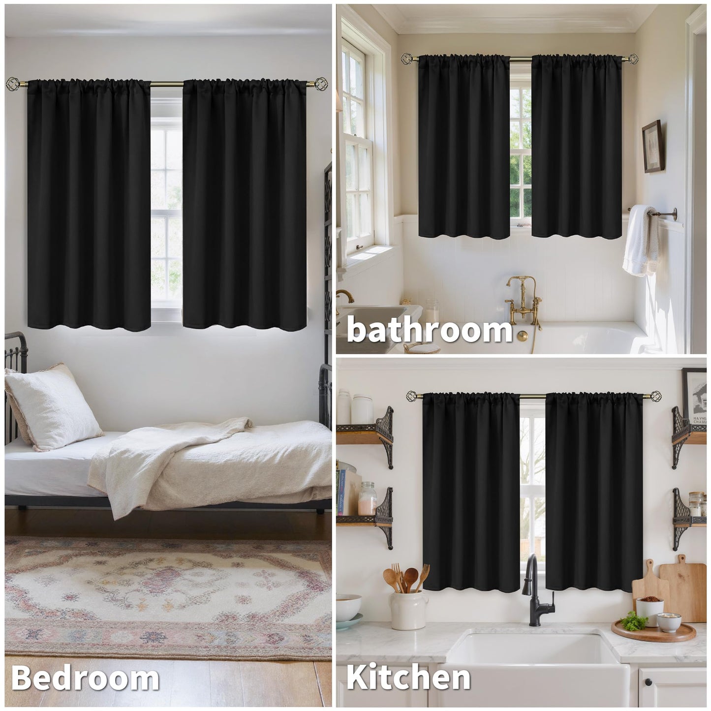 BGment Black Blackout Curtains 40 Inches Long for Kitchen Windows - Short Thermal Insulated Drapes with Rod Pocket Privacy for Cafe Bedroom Window, 42 x 40 Inch, 2 Panels