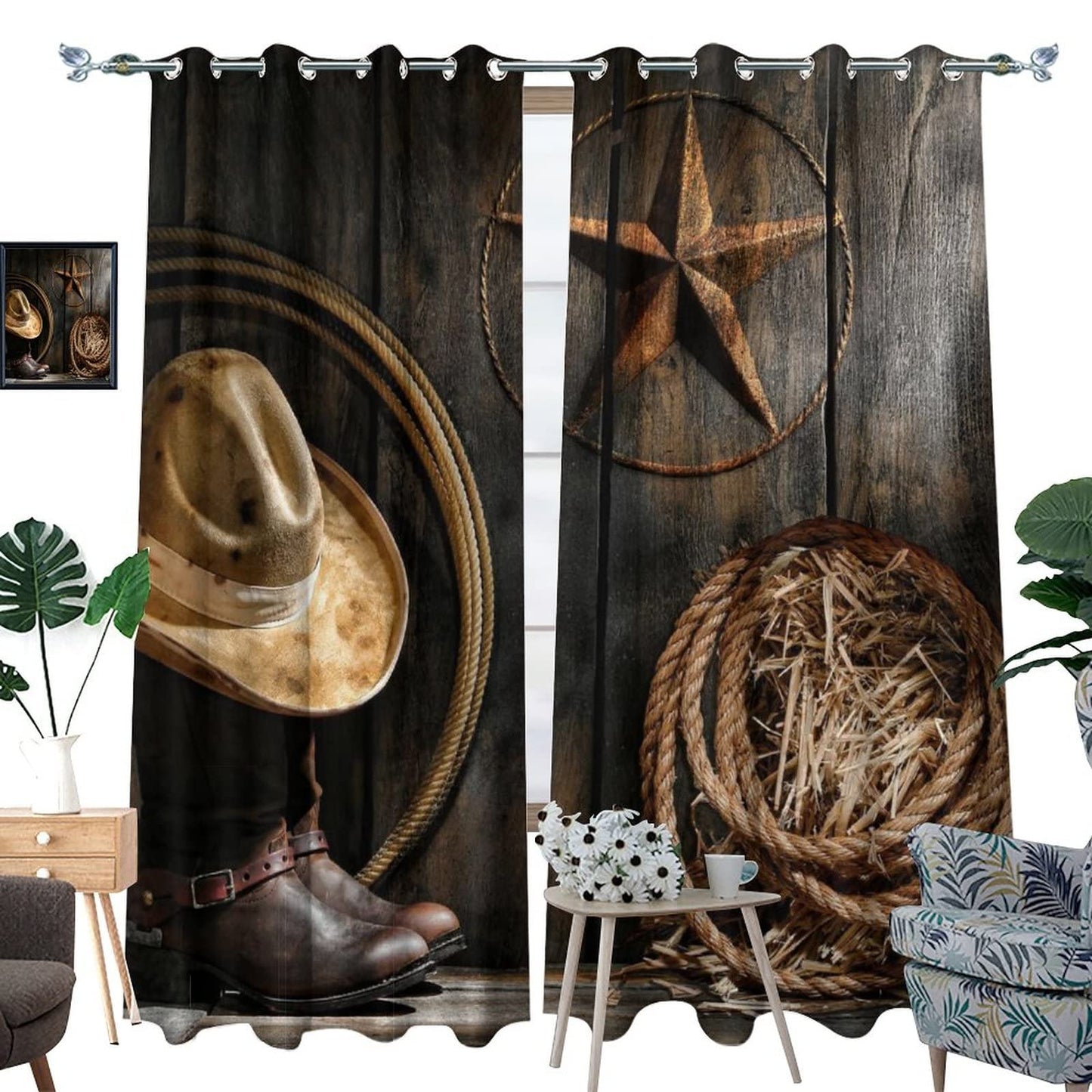 Western Farmhouse Room Darkening Blackout Window Curtains with Grommets,Rustic Cowboy Leather Boots Texas Star Hat on Wooden Energy Efficient Window Treatment for Living Room 2 Panels 63L x 27.5W