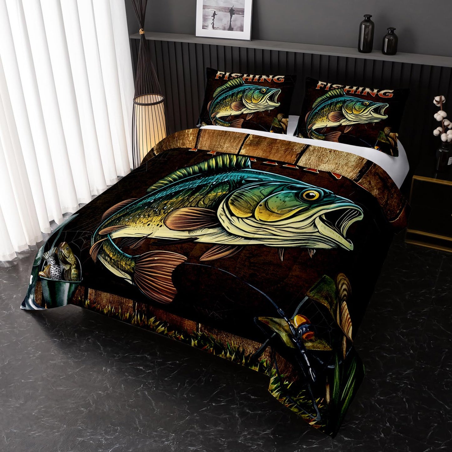 Nttopship Big Pike Fish Bedding, Bass Fishing Comforter Set Hunting and Fishing Brown Green Bedding Set Themed Comforter Set for Kids Boys Room Decor, Twin Bed in a Bag for Teens with 2 Pillowcases