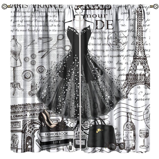 Fashion Curtains Eiffel Tower Black Skirt High Heels Pattern for Girls Woman Bedroom Print Decor Rod Pocket Window Drapes for Bedroom Living Room 42x45in