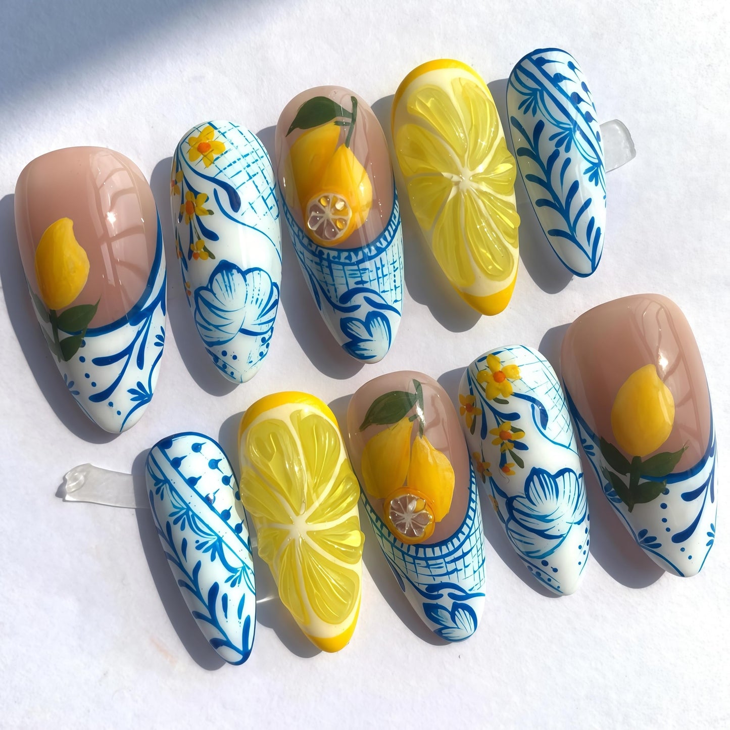 Handcrafted Press On Nails Italian Vacation Style Lemon & Blue Ceramic Pattern 100% Handmade Realistic Artistic Fake Nails With Adhesive Glue Tabs And Tool Gifts For Women (Lemon,Medium M)