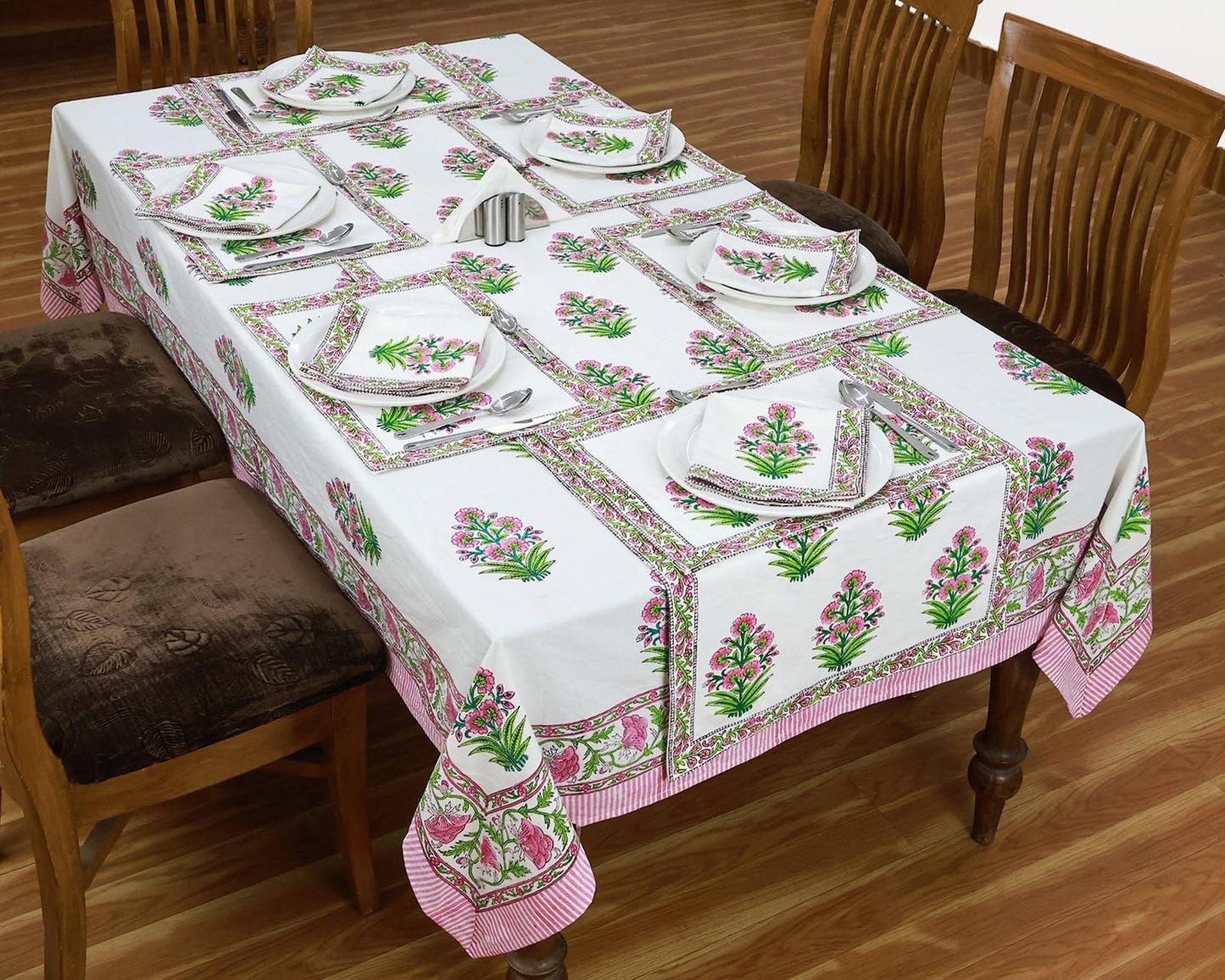 60x60 Inches Square Hand Block Printed Cotton Tablecloth, White Pink Floral Table Cloths Washable, Indian Table Linen for Christmas Thanksgiving Gifts Home Decor Dining Outdoor