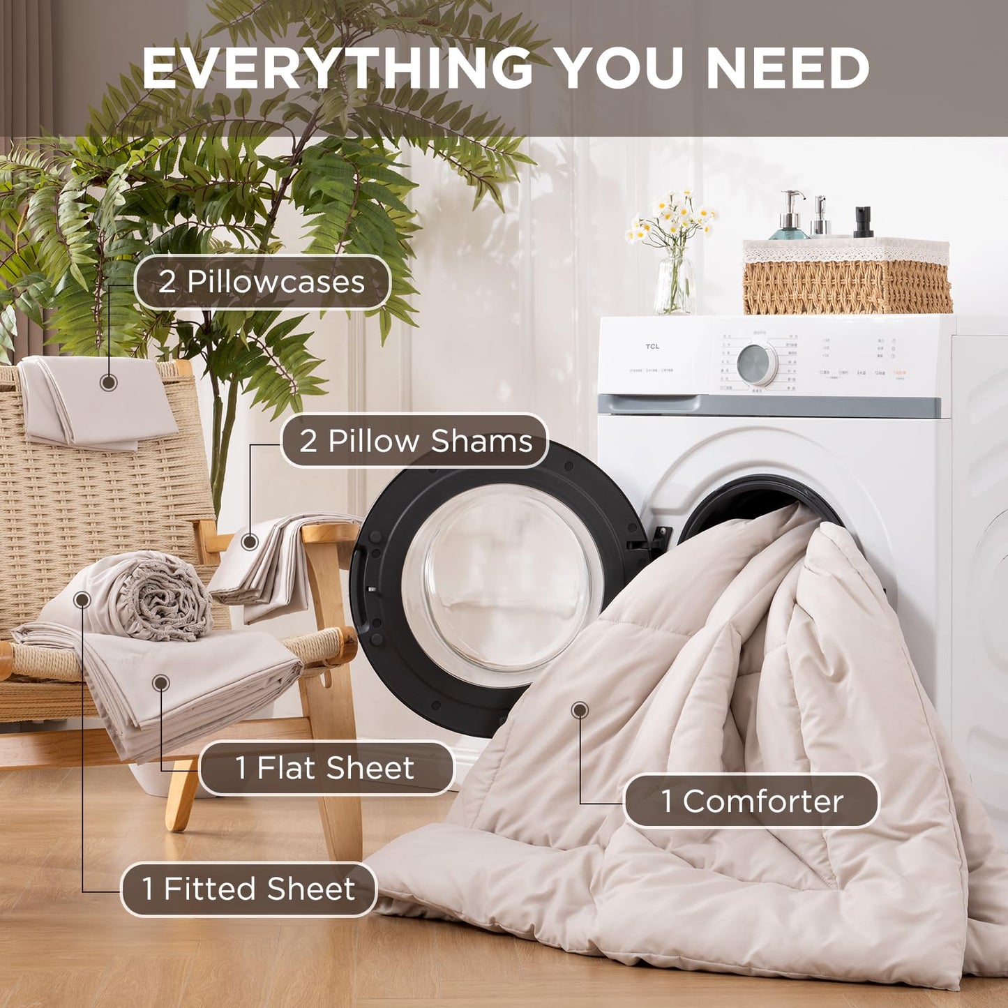 Baskbed 7 Pieces Queen Comforter Set - Utral Soft Microfiber Bedding Set, Thick Duvet Insert Bed in a Bag Without Rustling Noise for All Season, Beige (88"x88")