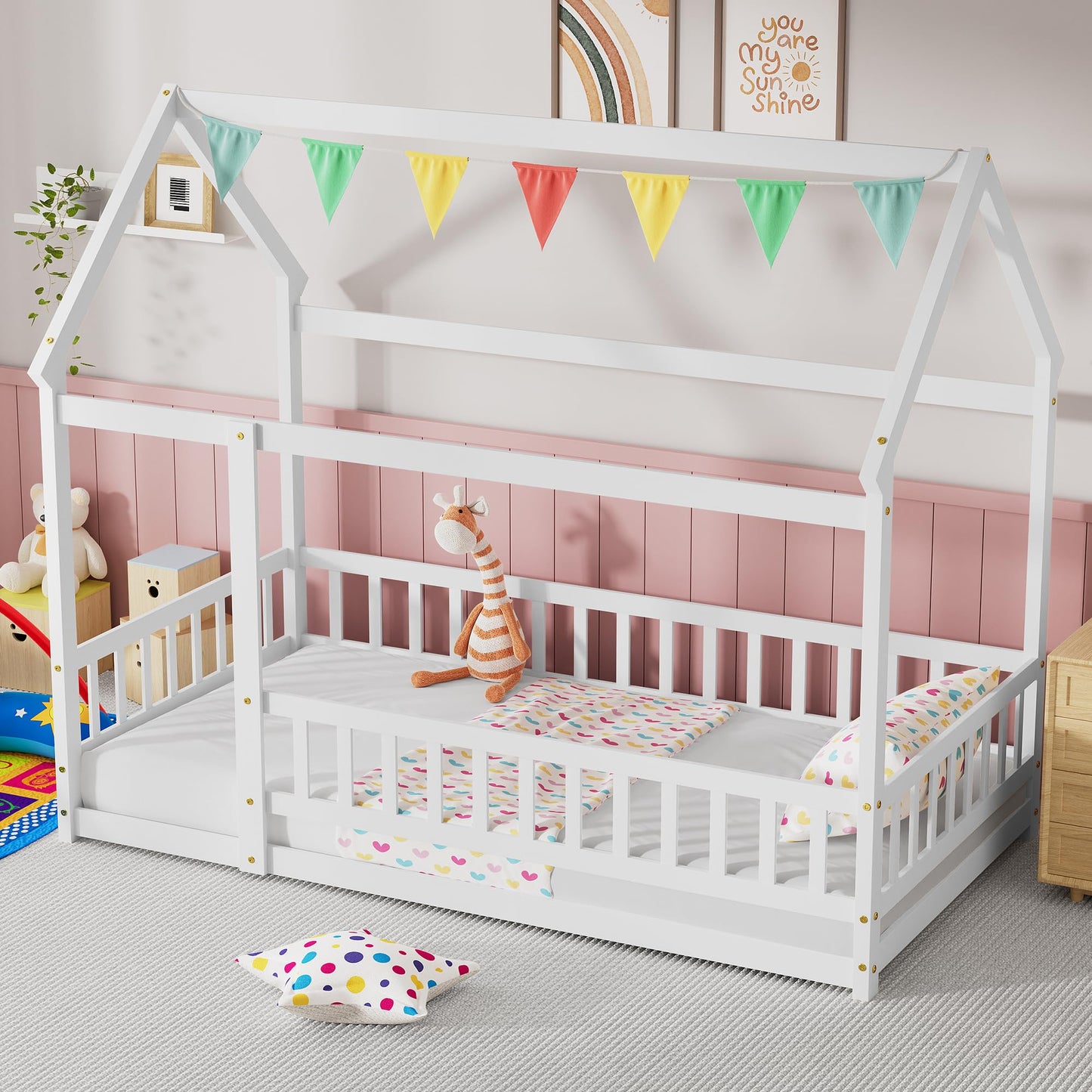 PVWIIK Twin Montessori Floor Bed with High Rails & Roof for Kids Bedroom,High Rails Bed Frame with Fence,No Box Spring Needed, White