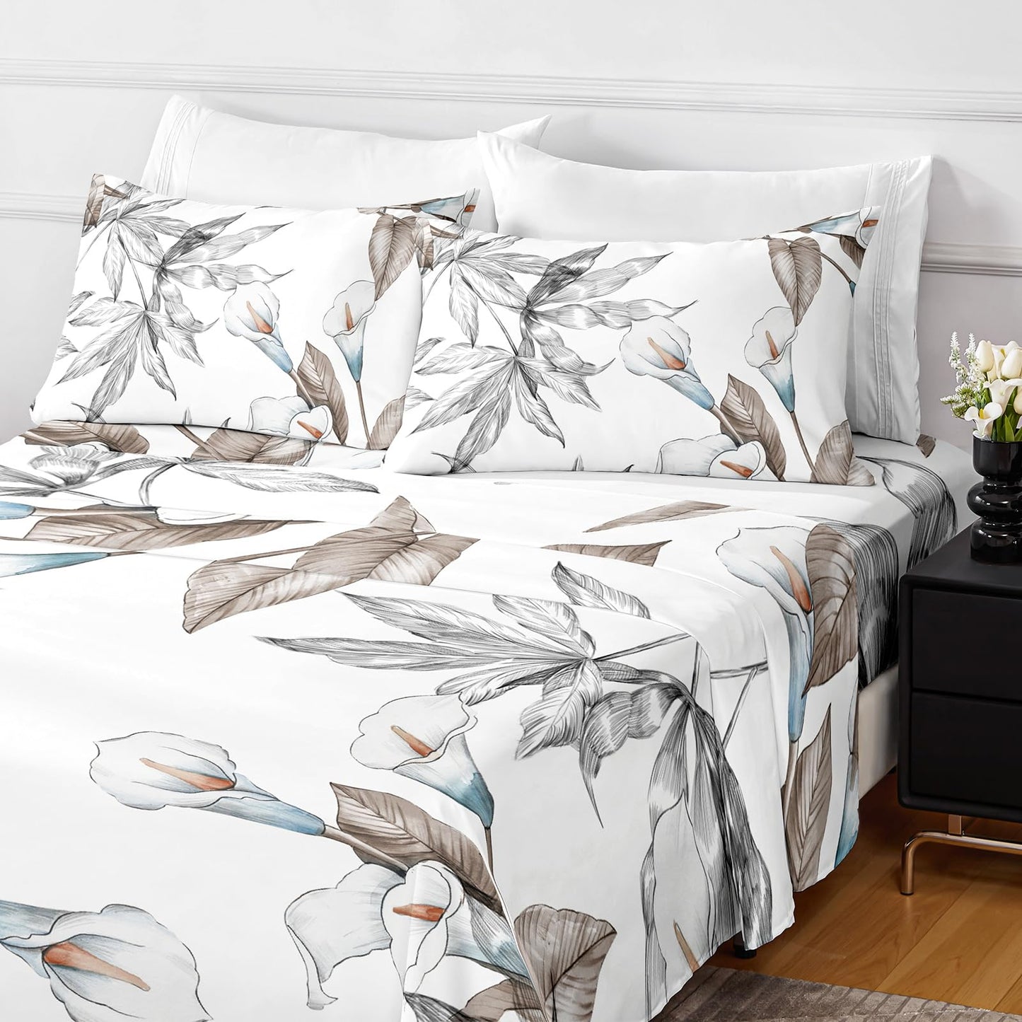 HCORA Floral King Size Sheets Set, Luxury 1800TC Hotel Quality Double Brushed Microfiber Deep Pocket Bed Sheets, Ultra Soft, Breathable and Cooling, 4PC, King