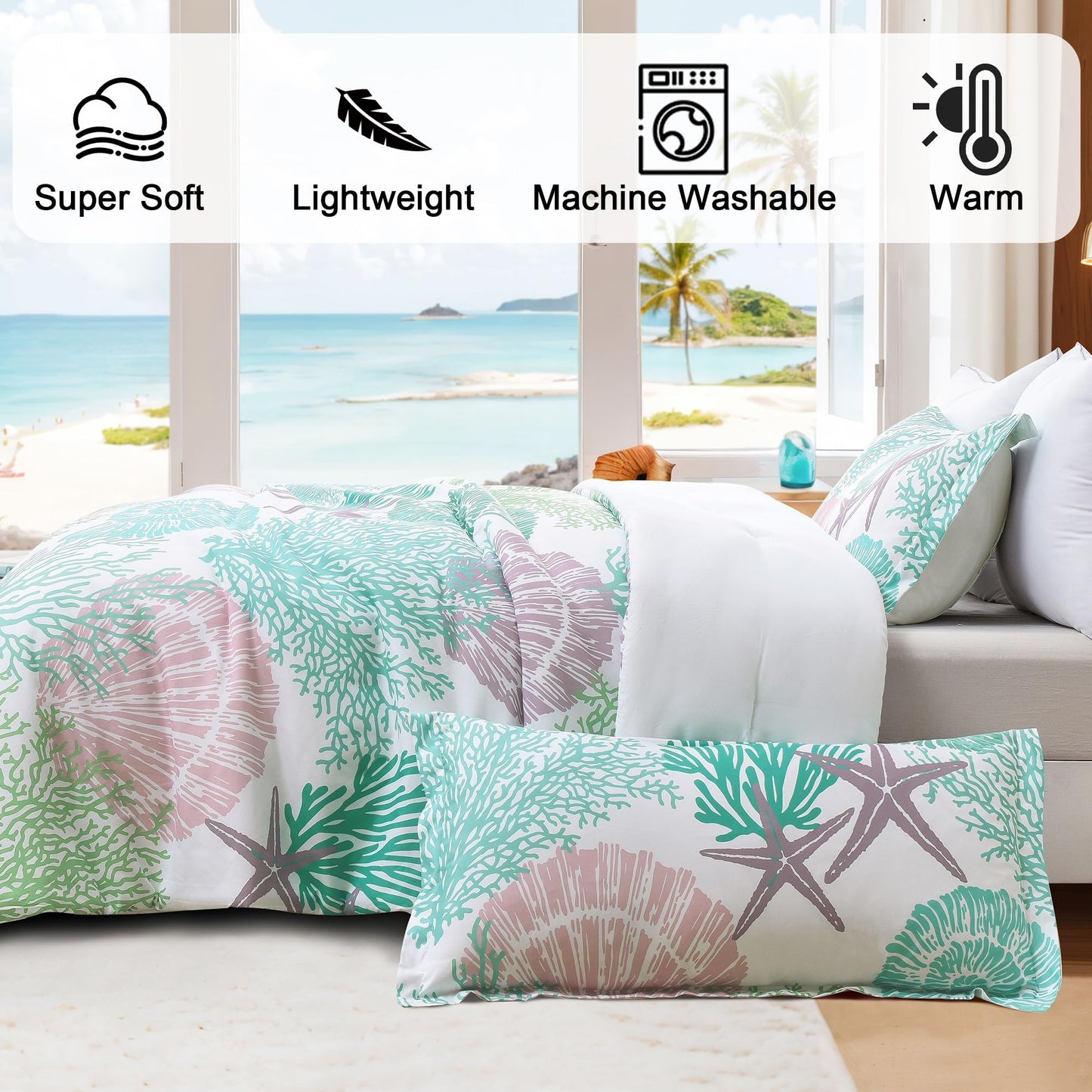 Tritard Coastal Comforter Set King Size 3 Piece, Soft Beach Themed Comforter, Ocean Nautical Lightweight Bedding Sets for All Seasons, (1 Reversible Comforter and 2 Pillow Shams), 104''x90'', C5