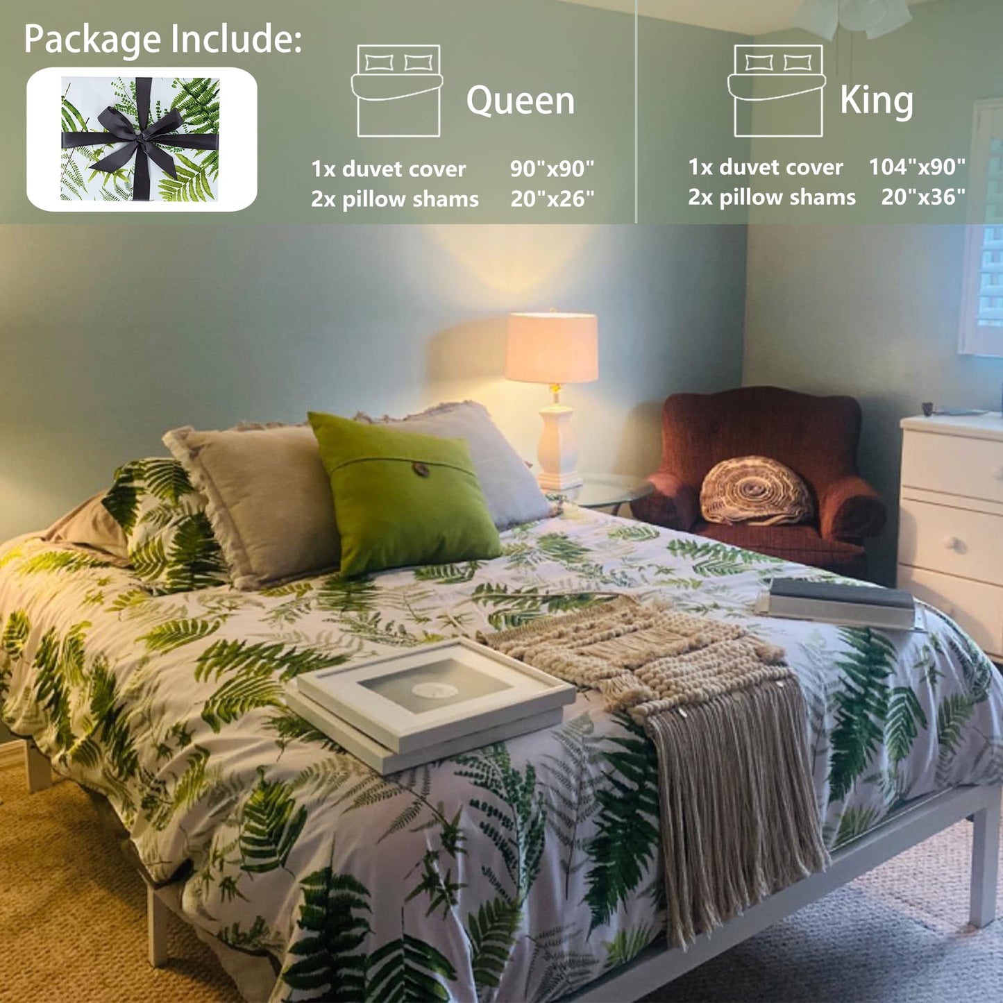 MILDLY Floral Duvet Cover Set - 100% Long-Staple Cotton Green Palm Leaf Pattern Printed Tropical Comforter Cover 3pcs Soft Breathable Luxury Bedding for All Season