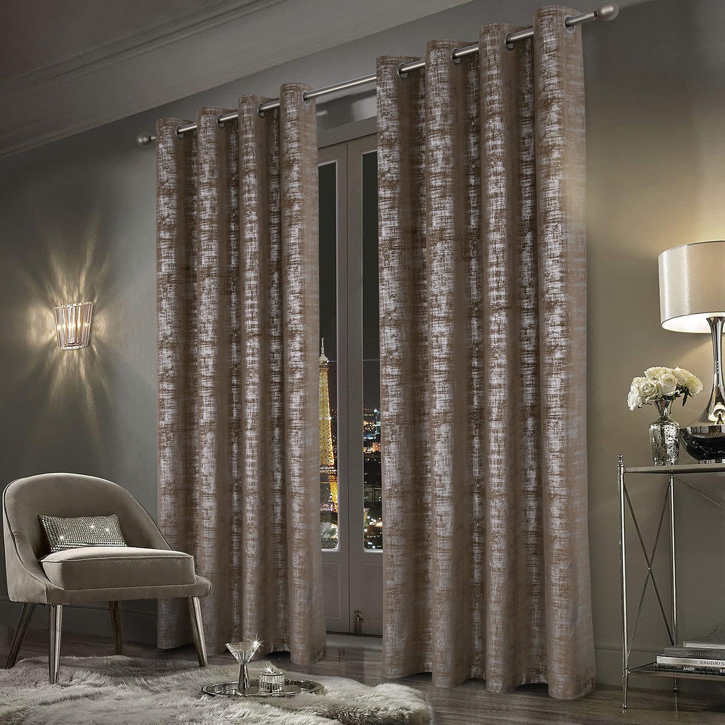 always4u Mocha Soft Velvet Curtains 95 Inch Length Luxury Bedroom Curtains Silver Foil Print Window Treatments for Living Room Bedroom Set of 2