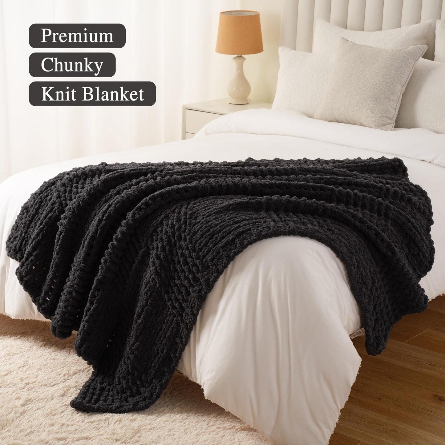 Bunnikins & Clover Dark Grey Throw Blanket for Couch, Chunky Knit Blanket Throw for Sofa & Home Decor, Soft and Cozy Charcoal Throw Blankets, 50"x60"