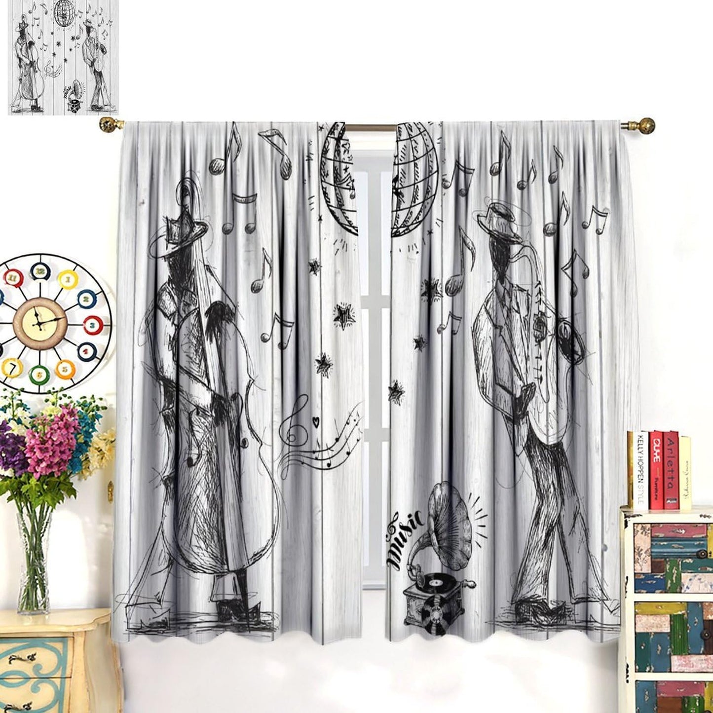 PHTAYOT Retro Music Curtains Sketch Style of a Jazz Band Playing Music with Instruments and Musical Notes Pattern Decor Drapes for Bedroom Living Room,2 Panels Set,21x45Inch
