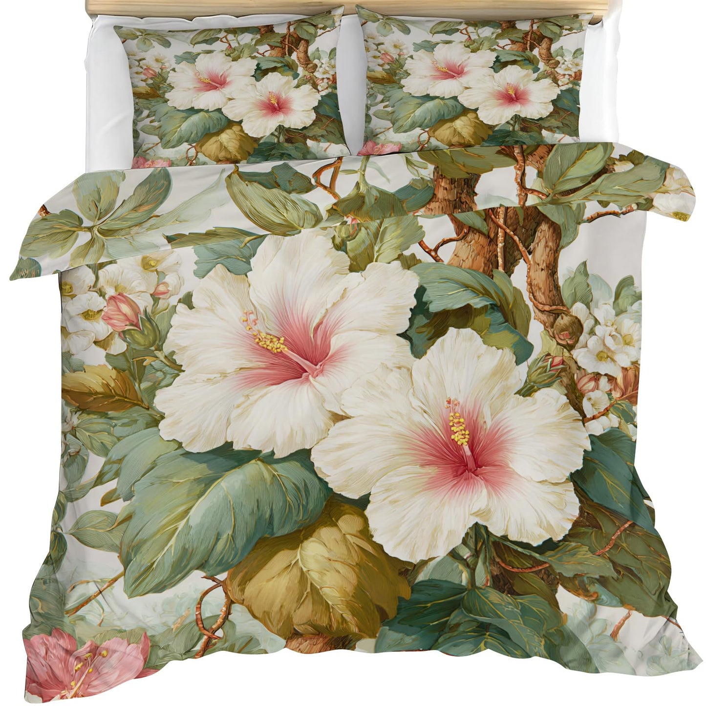 ZAMODE Floral Duvet Cover 120" x 98", Hibiscus Bedding Set, Tropical Flower Comforter Cover with Zipper Ties