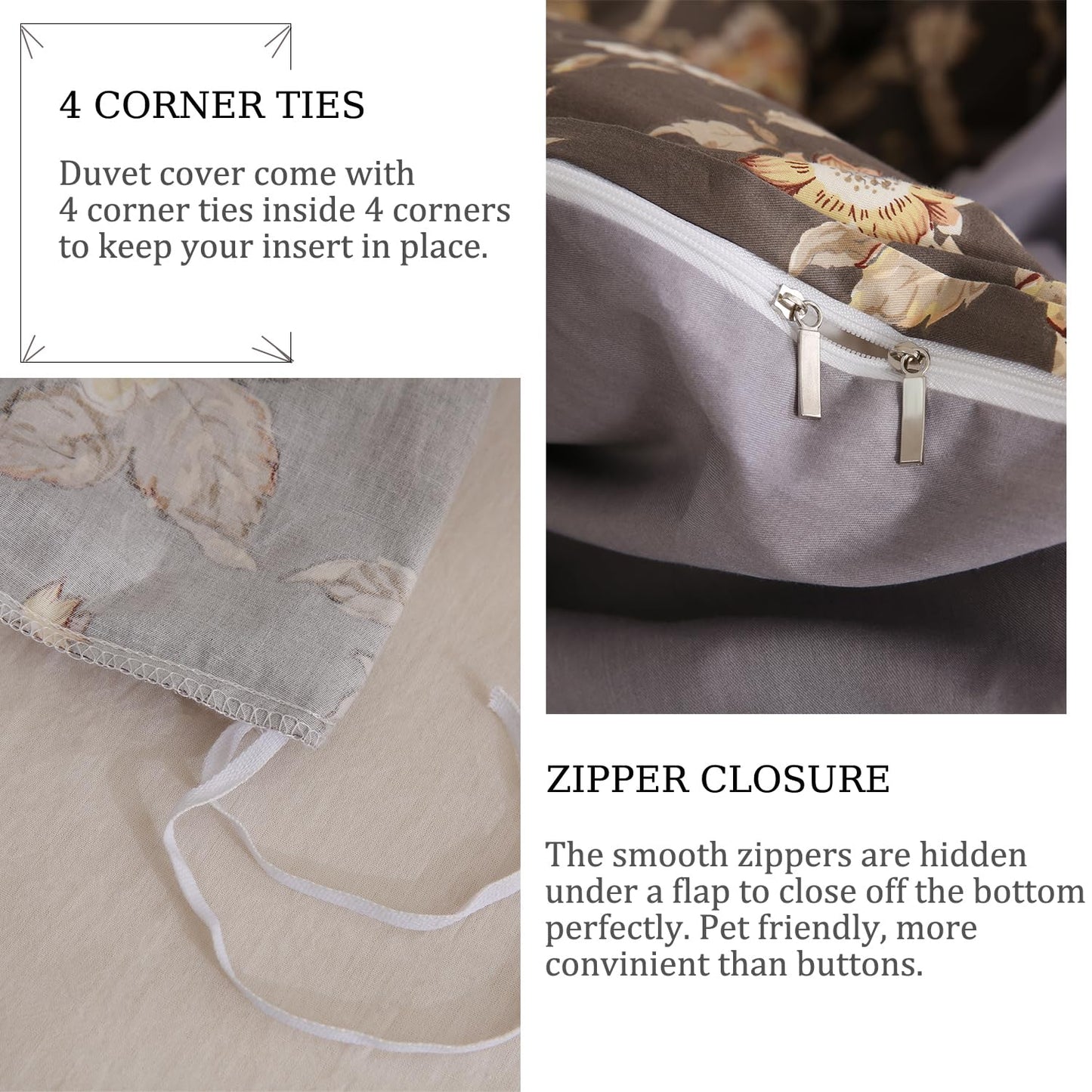 Zusbest Grey Brown Duvet Cover King 100% Cotton Shabby Vintage Floral Bedding Mocha Comforter Cover with Zipper, Soft Skin-Friendly Breathable, Peony Flower Print Bed Set, 3 Pcs