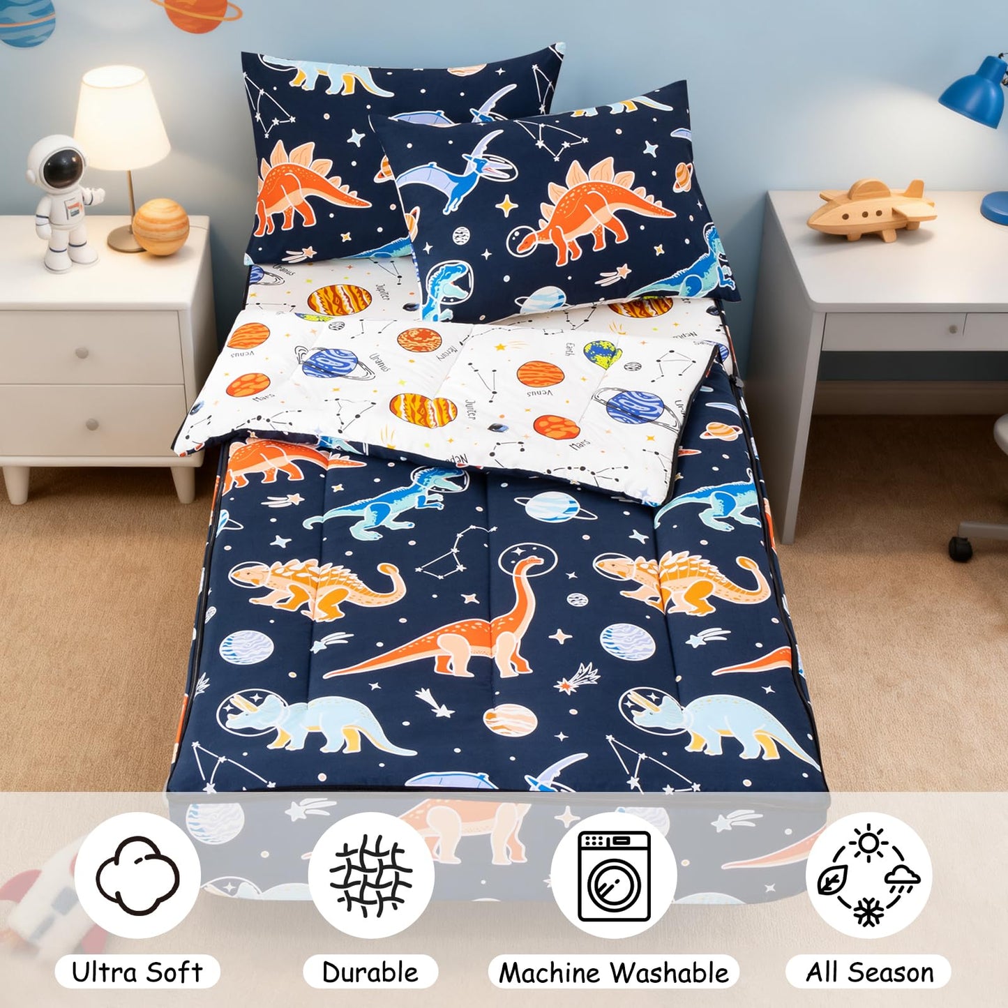Meeting Story 3pcs Zipper Bedding Twin Kids Space Dinosaur Glow in the Dark Comforter Set for Boys(Navy,Twin)