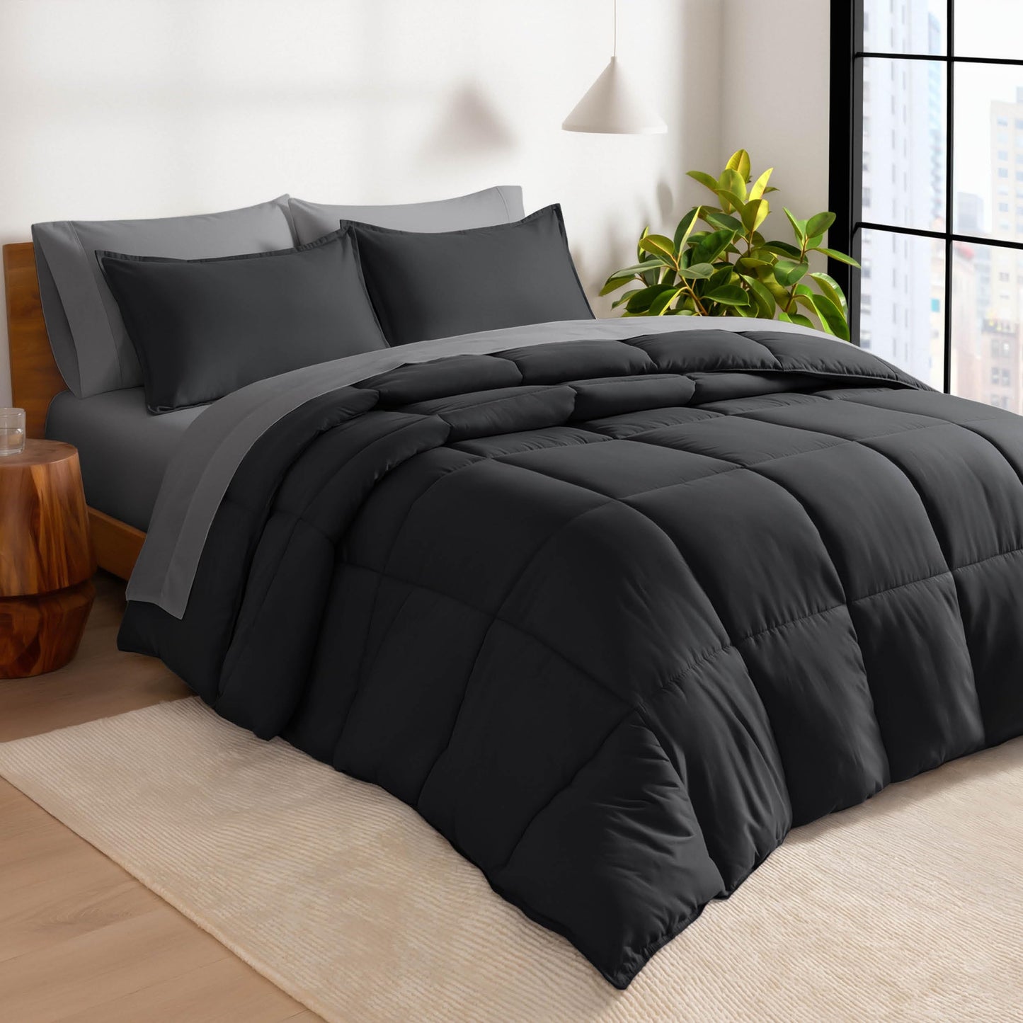 Bare Home Bed-in-A-Bag 7 Piece Comforter & Sheet Set - Queen - Goose Down Alternative - Ultra-Soft 1800 Premium Bedding Set (Queen, Black/Grey)