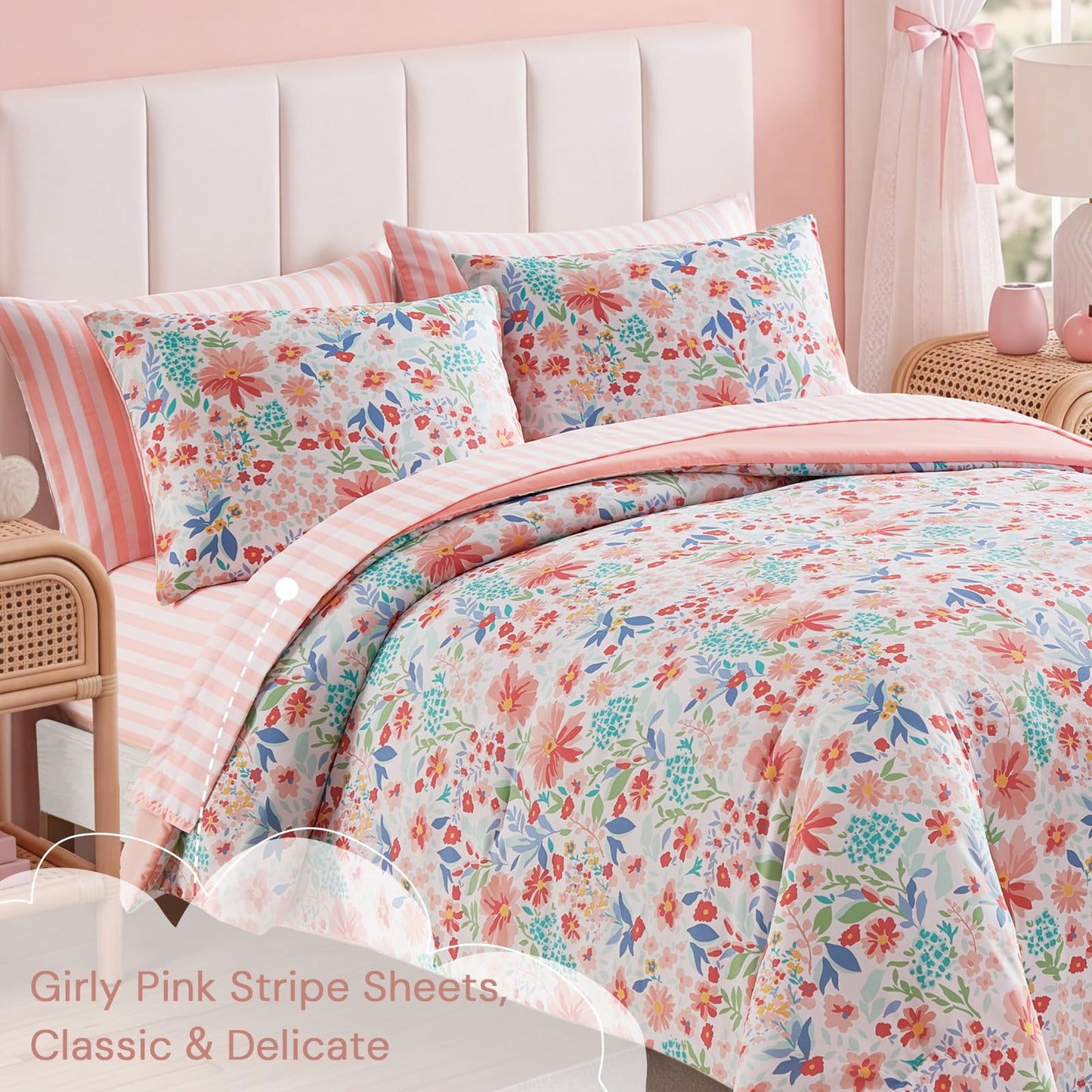 AMBERSPACE Twin XL Comforter Set for Girls, Pink Floral Garden Bedding Set, All Season Kids Bed in a Bag Dorm 5 Pieces with Sheets, Pillowcase & Sham