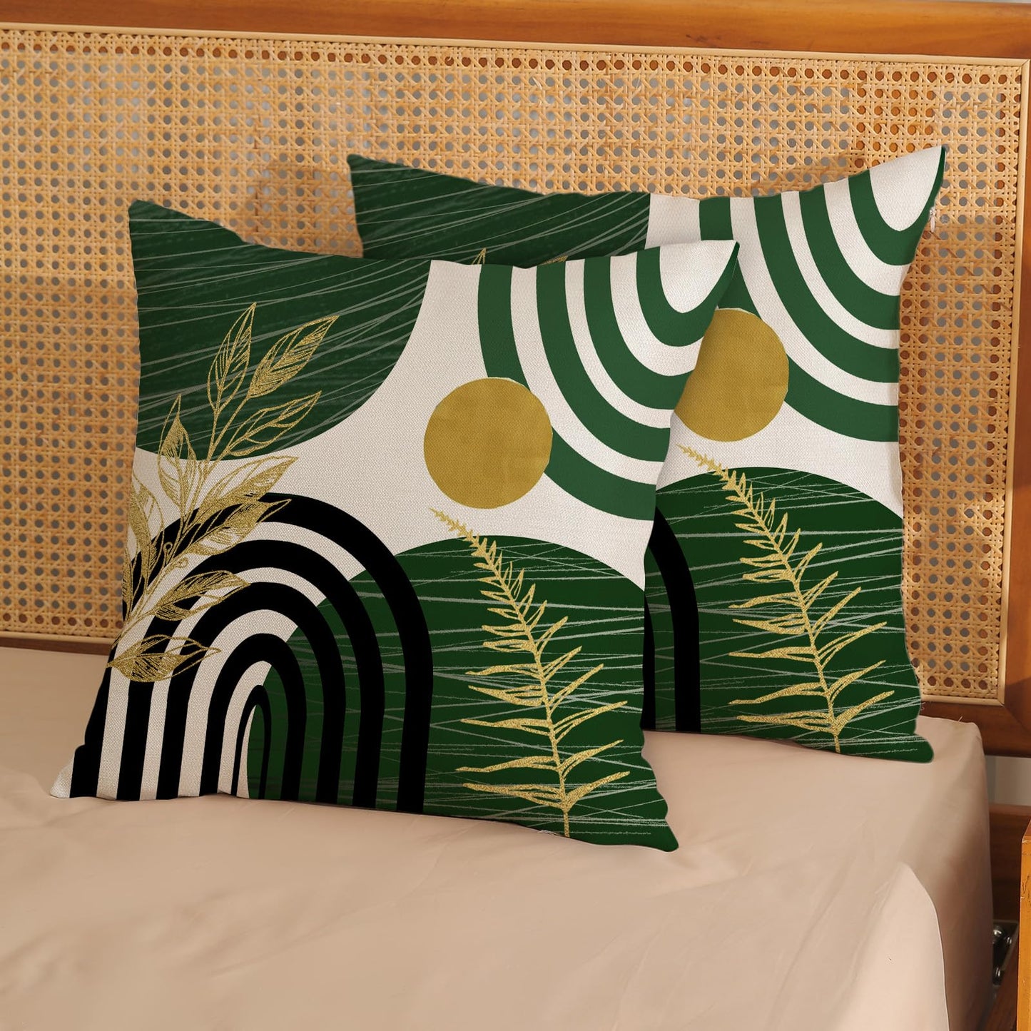 Boho Pillow Covers 18x18 Set Of Mid Century Green And Gold Leaf Art Line Throw Pillow Covers Outdoor Abstract Modern Bohemian Decor Farmhouse Linen Decorative Cushion Cover for Home Sofa Couch