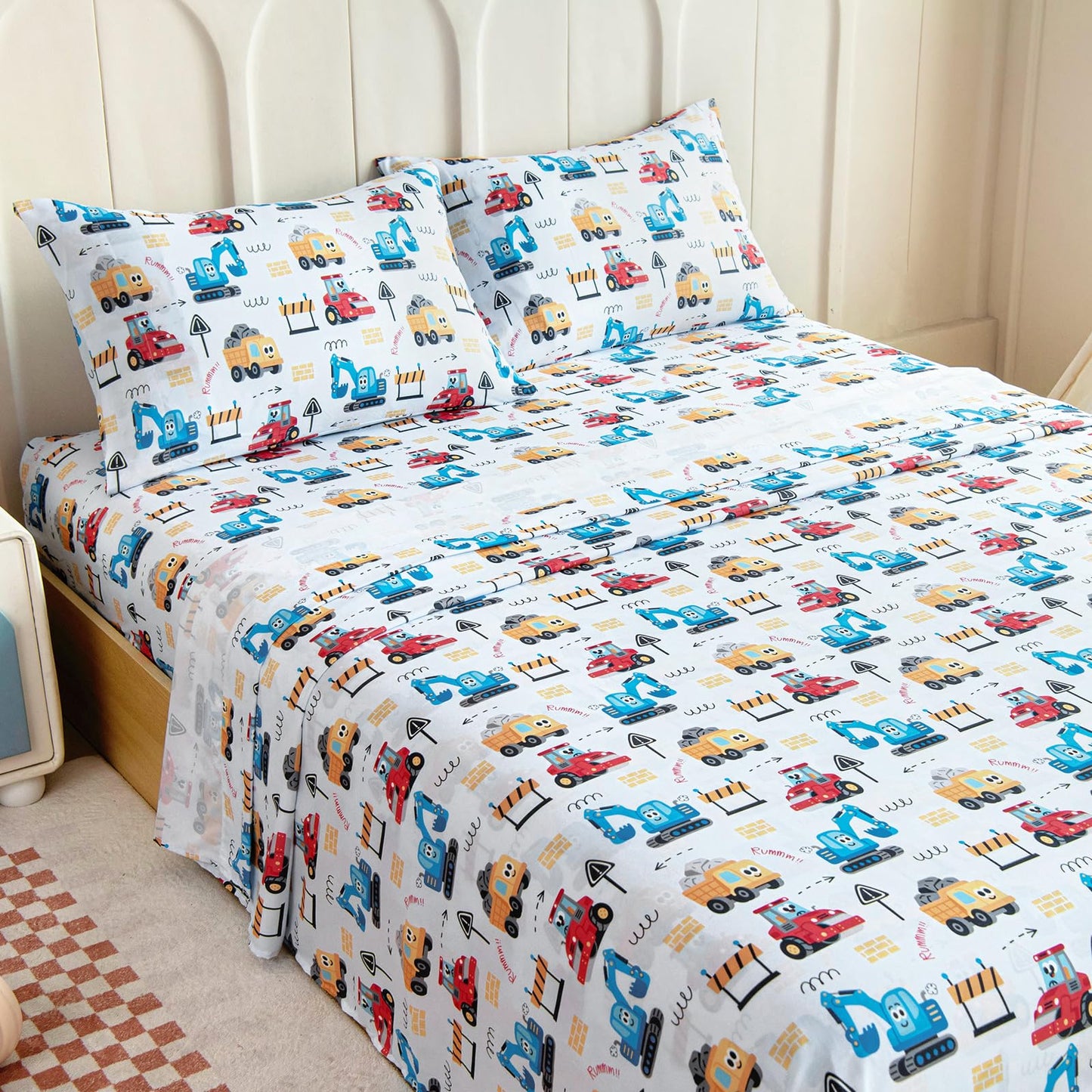 Homilay Full Sheet Set Kids - Cars 4 Pieces Soft Microfiber Cartoon Style Bedsheets for Boys Girls Teens, Oeko TEX Breathable 15 Inch Deep Pocket Sheets(Engineering Cars)