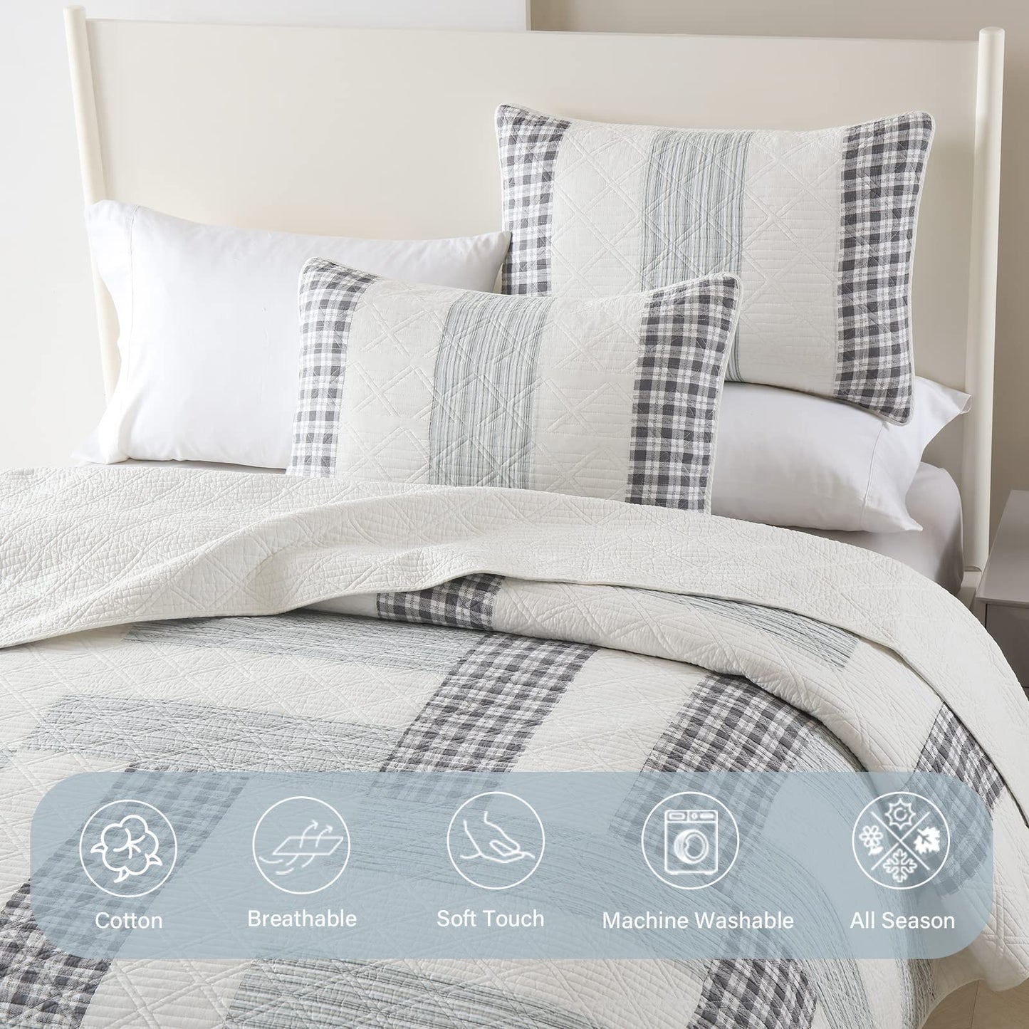 Finlonte Quilt King Size 100% Cotton Lightweight Soft King Quilt Real Patchwork Plaid Quilted Bedspread Black Gray White Quilt Bedding Set 3 Pieces