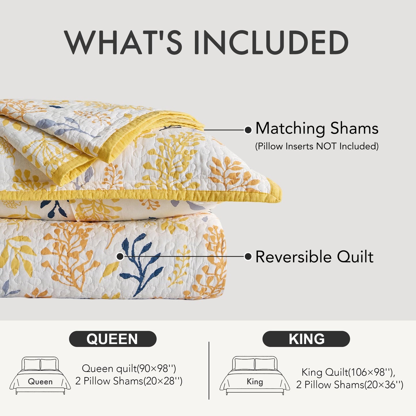 Cinefoso King Size Quilt - Floral Quilt Bedding Set 100% Cotton - Lightweight Farmhouse Bedspread for All Season 3-Piece - Yellow/White/Orange