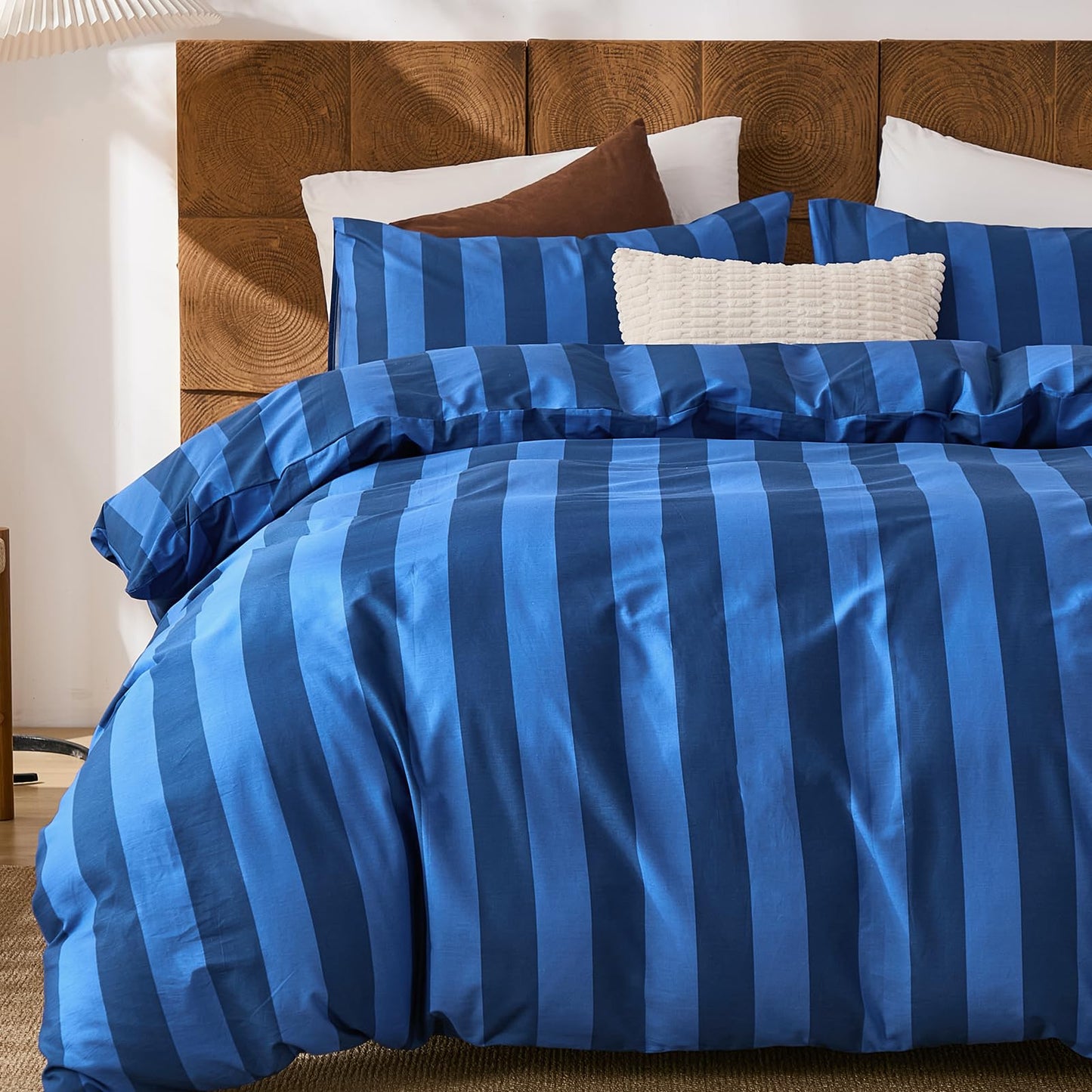Merryword Blue Striped Comforter Set King Size, 100% Cotton Reversible Comforter Set 3 Pcs, Luxury Linen Like Bedding, Soft Breathable Lightweight Comforter for All Seasons