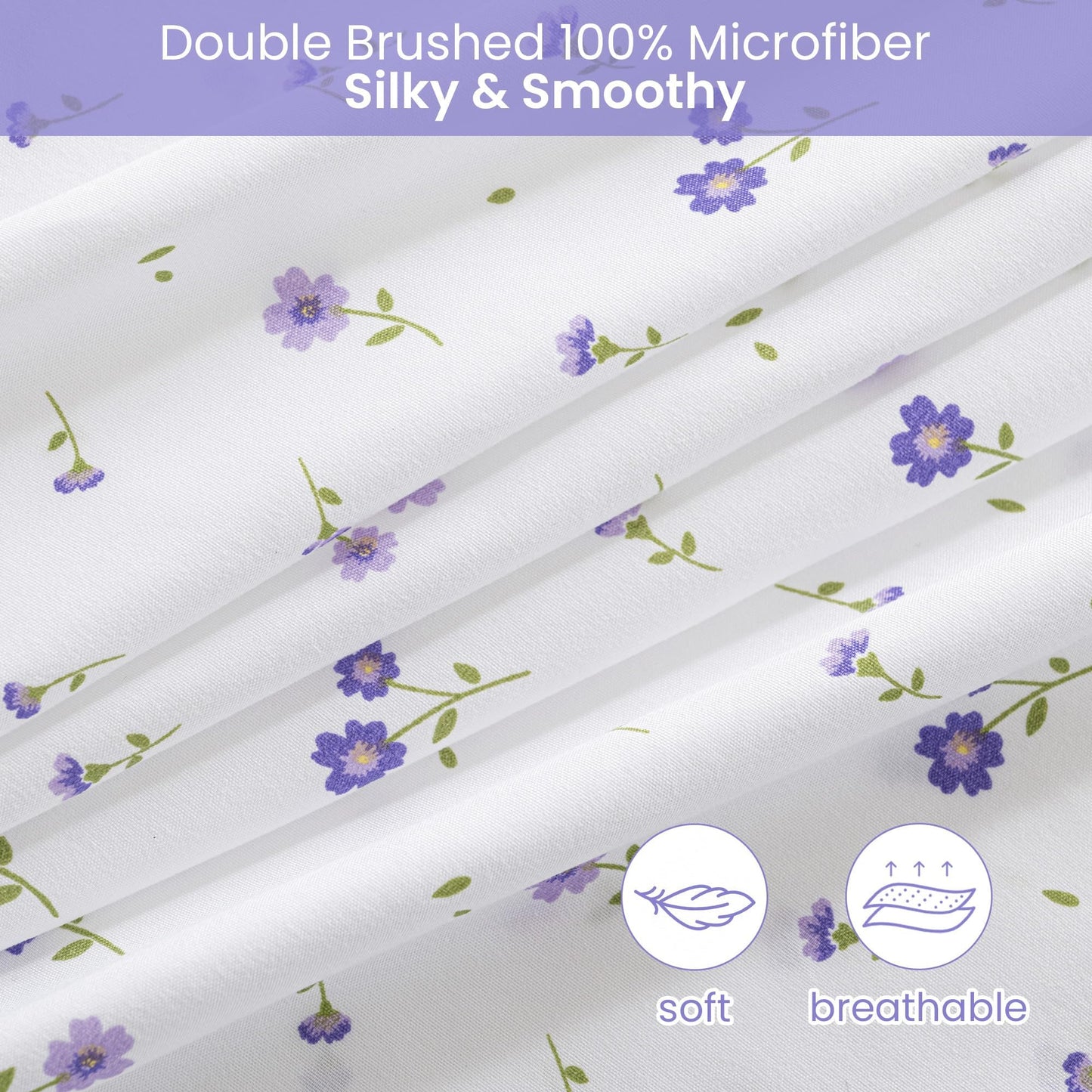 Softan Purple Floral King Bed Sheet Set, Cozy Microfiber Patterned Fitted Sheets with 15" Deep Pocket & Non-Slip Straps, Cute Purple Flower Printed Sheets & Pillowcase Set King