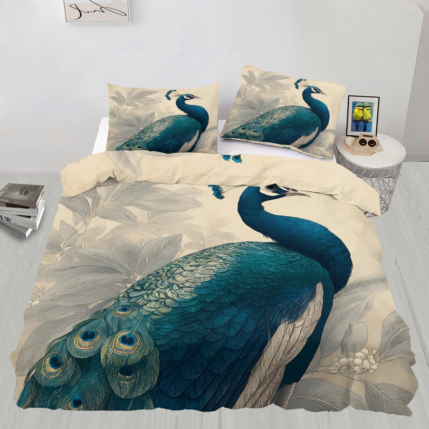 Blue Peacock Duvet Cover Twin Size, Teal Peacock Feather Comforter Cover 68" x 90" & 2 Pillowcases, Elegant Birds Bedding Set with Zipper Ties
