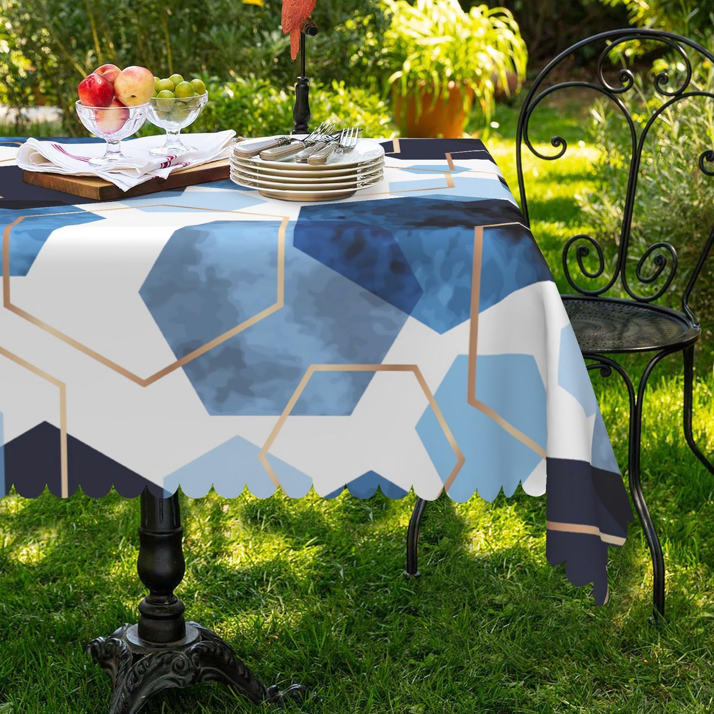 SIEDYCV Modern Blue Gold White Geometric Tablecloth, 60x102 Inch Elegant Hexagons Abstract Art Marble Texture Fabric Table Cloth,Waterproof Table Cover for Kitchen Dining Room Banquet Party Decor