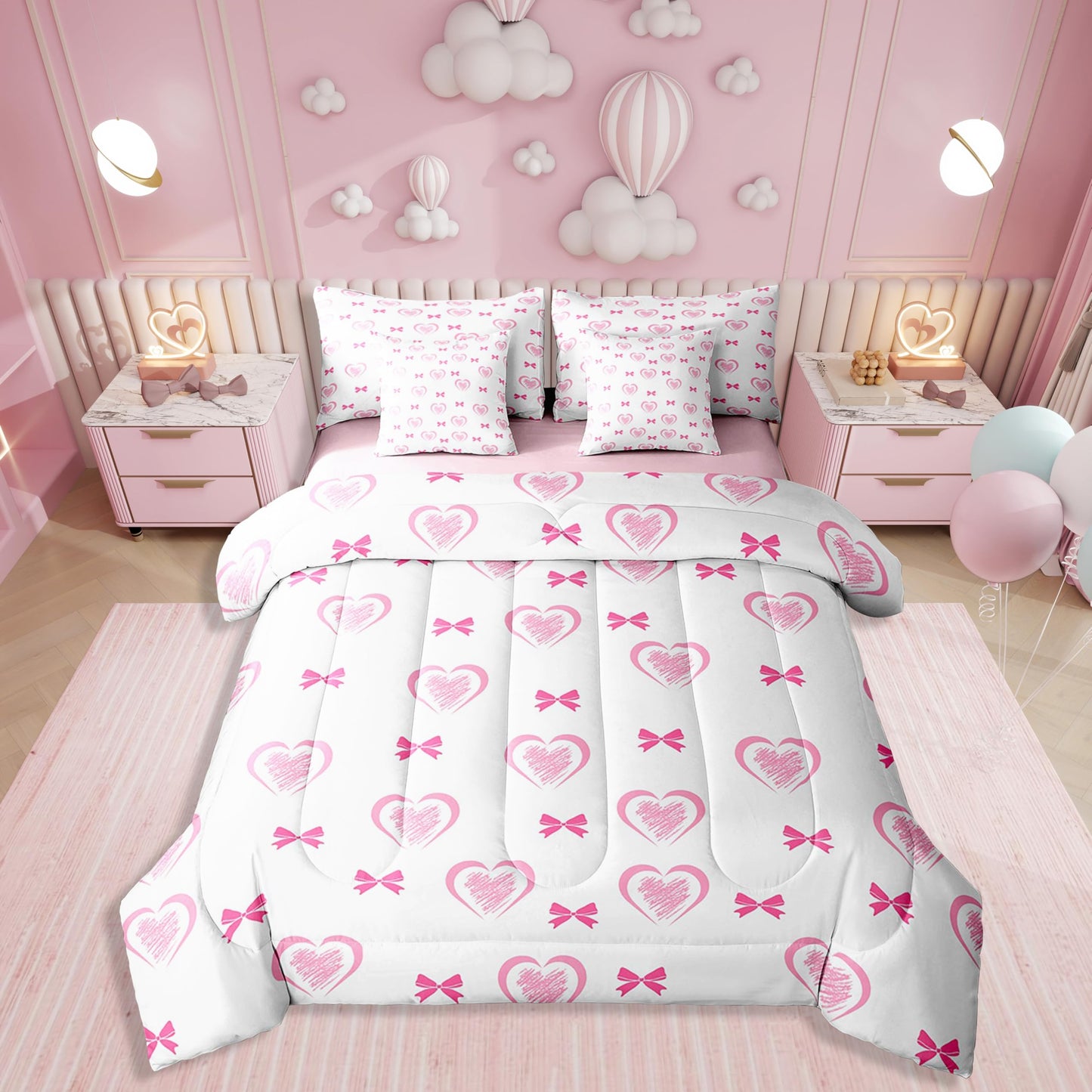 Erosebridal 7 Piece Heart Pattern King Bedding Set,Kawaii Pink Bowknot Kids Comforter Set for Girls Boys,Valentine Bow Love Heart Shaped Sheet Set,Dreamy Princess Style Reversible Bed in a Bag