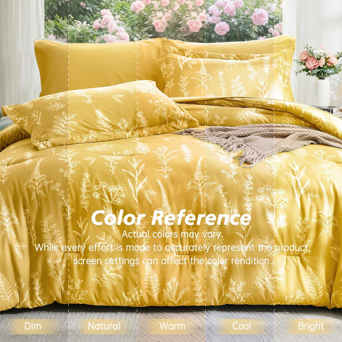 MUXHOMO Bright Yellow Bed in a Bag King 7 Pieces, King Comforter Set Reversible Botanical Flowers Design, Ultra Soft & Breathable Bedding Sets with Comforter, Sheets, Pillowcases & Shams