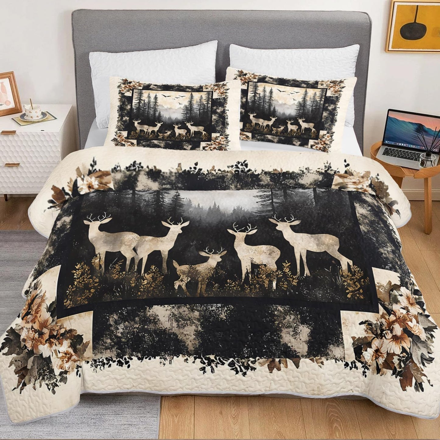 HOSIMA Deer King Bedding Set for Adults,Deer in Forest Print Summer Soft Lightweight Quilt,Floral Pattern Plaid Animal Bedding for Aesthetic Room Decor with 2 Pillowcases.