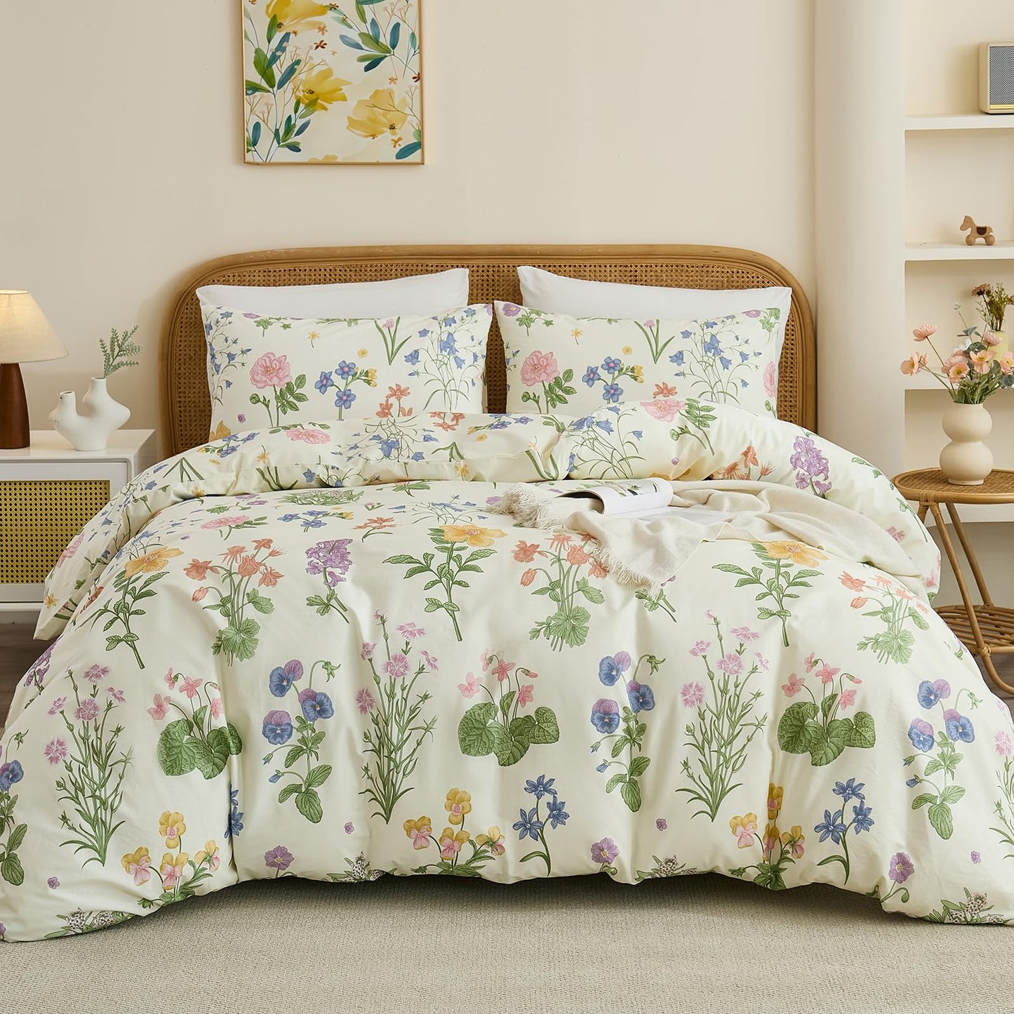 Cozaline 100% Cotton Duvet Cover King Size – Botanical Garden Print, Green Floral Duvet Cover Set with Zipper Closure, 3-Piece Soft Breathable Natural Cotton Bedding Set for All Seasons