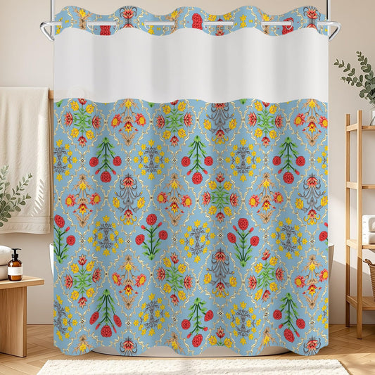 NAEMBCU Blue Floral No Hook Shower Curtain with Snap in Liner Set 71x74 in