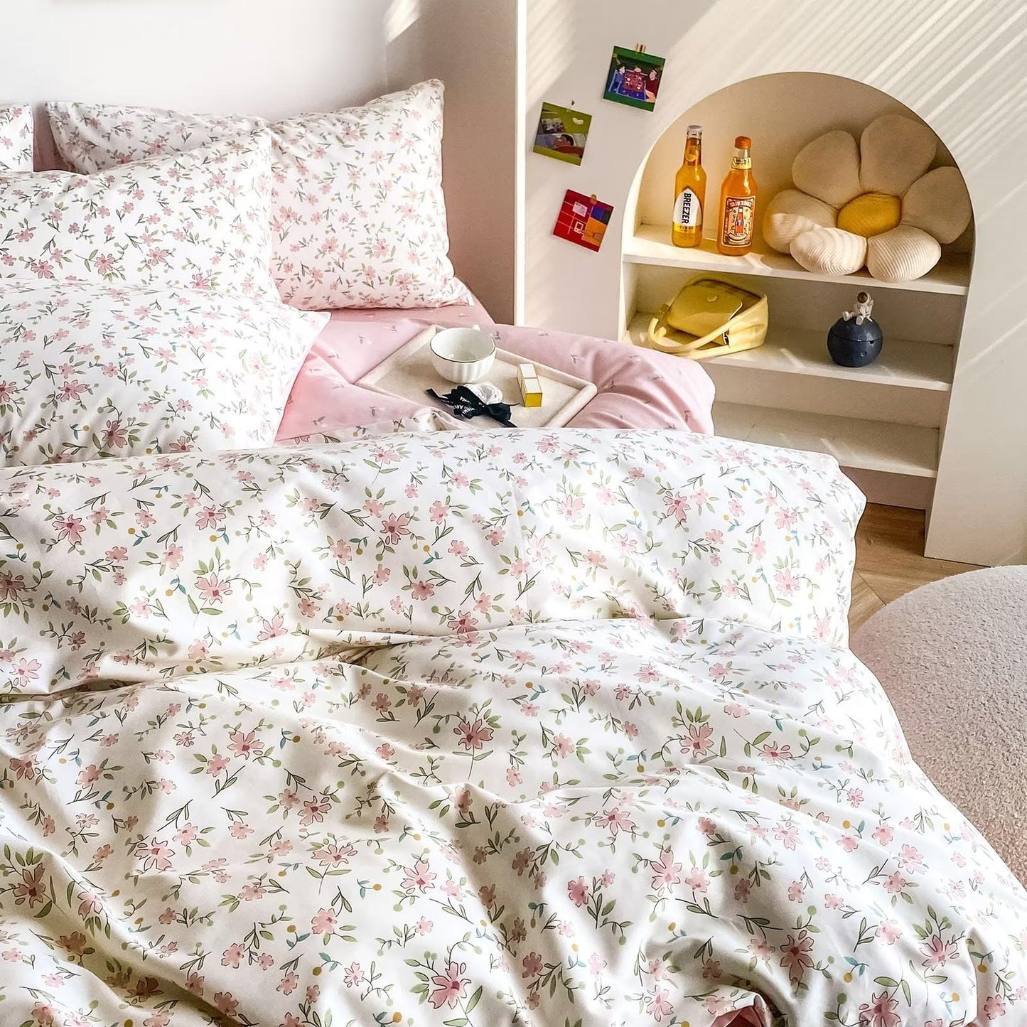 BuLuTu Pink Floral Duvet Cover Queen 100% Cotton Duvet Covers Set Full Size Women Teen Girls Apricot Blossom Pink Flowers Reversible Twin Comforter Cover Garden Style Bedding Set,Zipper,Easy Care