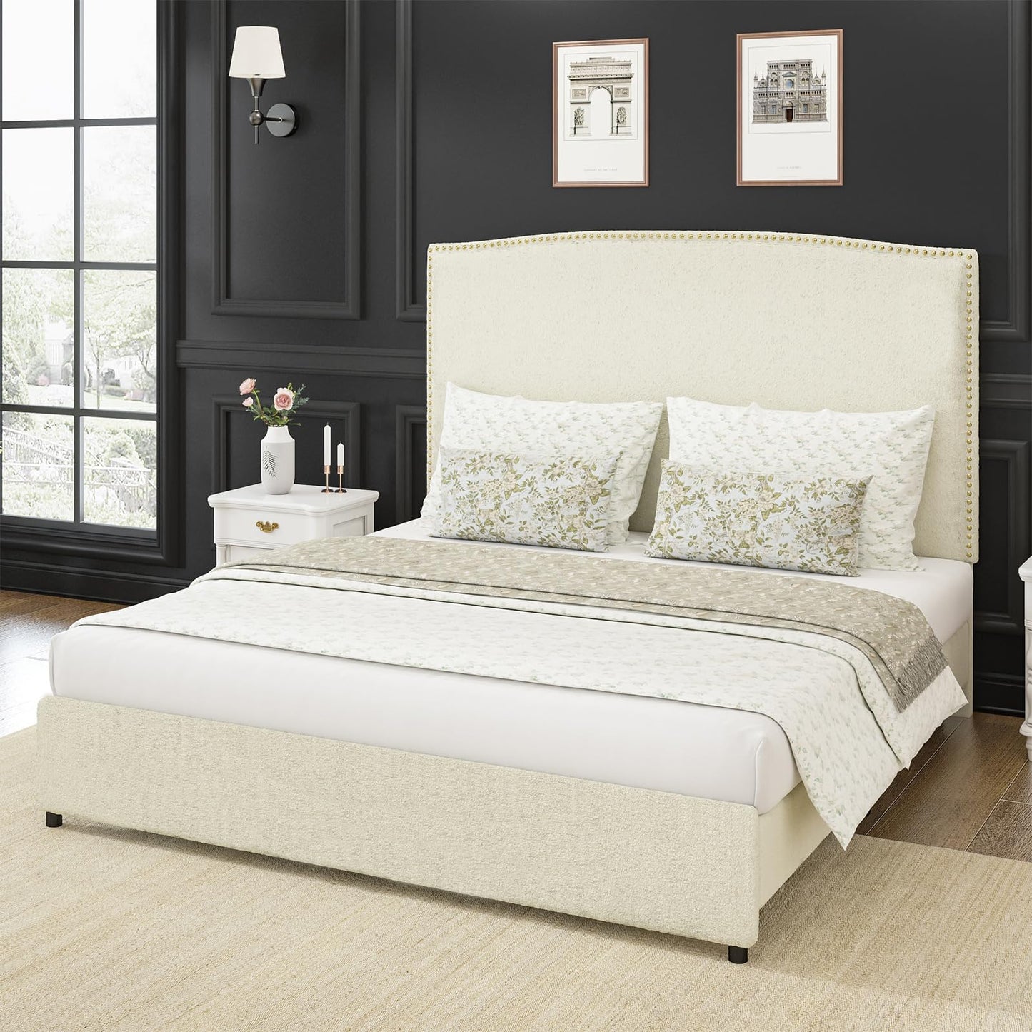 BarnFurin Queen Size Bed Frame with Headboard, 56" Upholstered Platform Bed with Nailhead Trim, Soft Boucle Fabric, No Box Spring Needed, Easy Assembly, Beige