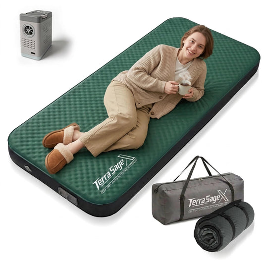 Terra Sage X Hybrid Comfort Camping Air Mattress, Self-Inflating Memory Foam Sleeping Pad with Built-in Electric Pump, 4.5" Thick Insulated Support for Bed-Like 4-Season Tent Sleep(Single,Green)