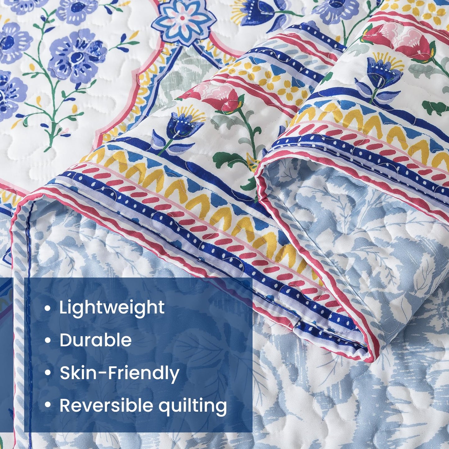Etwel Lightweight Queen Size Quilt Set - Breathable Reversible Cotton Bedspread for Hot Sleepers, Farmhouse Floral Bedding Set with 2 Pillow Shams for All Season (90"x98", Light Blue Geometric)