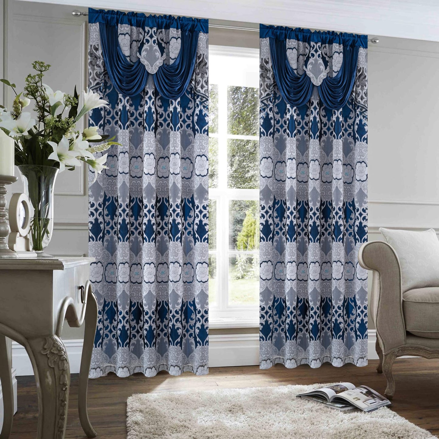 Petrichor Navy Sheer Jacquard Voile Curtains （54" W x 84" L）, 2 Panels with Attached Valance, Double Layer Floral Cutwork Design with Luxurious Texture, Rod Pocket, for Bedroom & Living Room